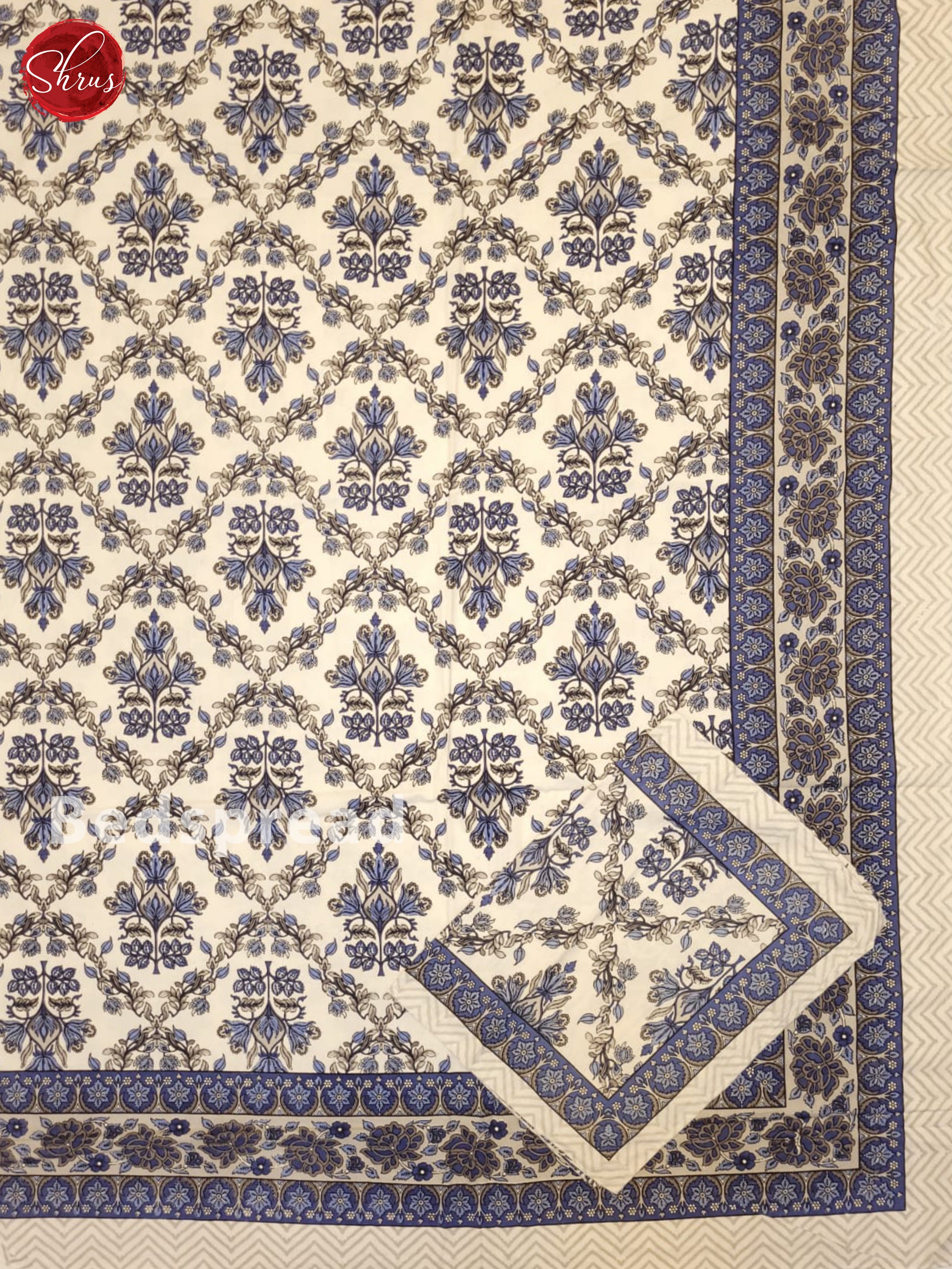 Cream & Blue- Jaipuri Printed Double Bed Spread