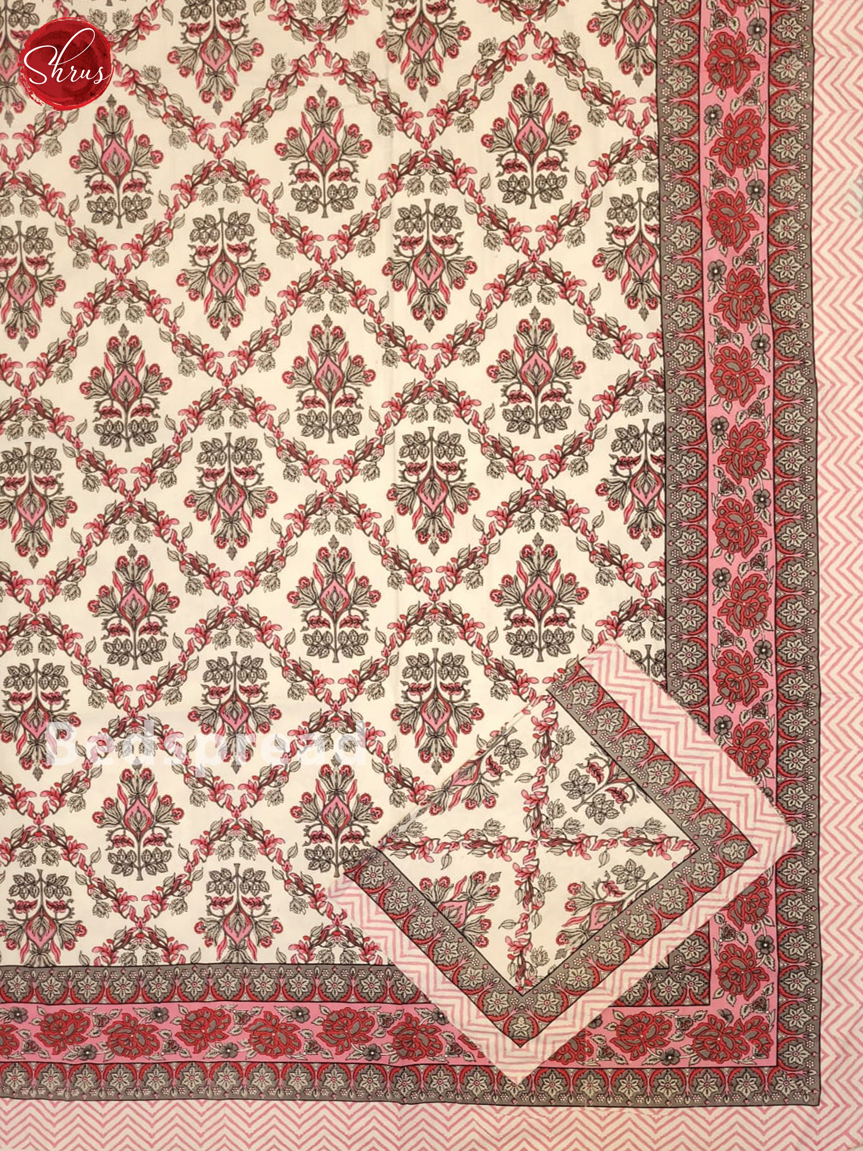 Cream & Pink- Jaipuri Printed Double Bed Spread