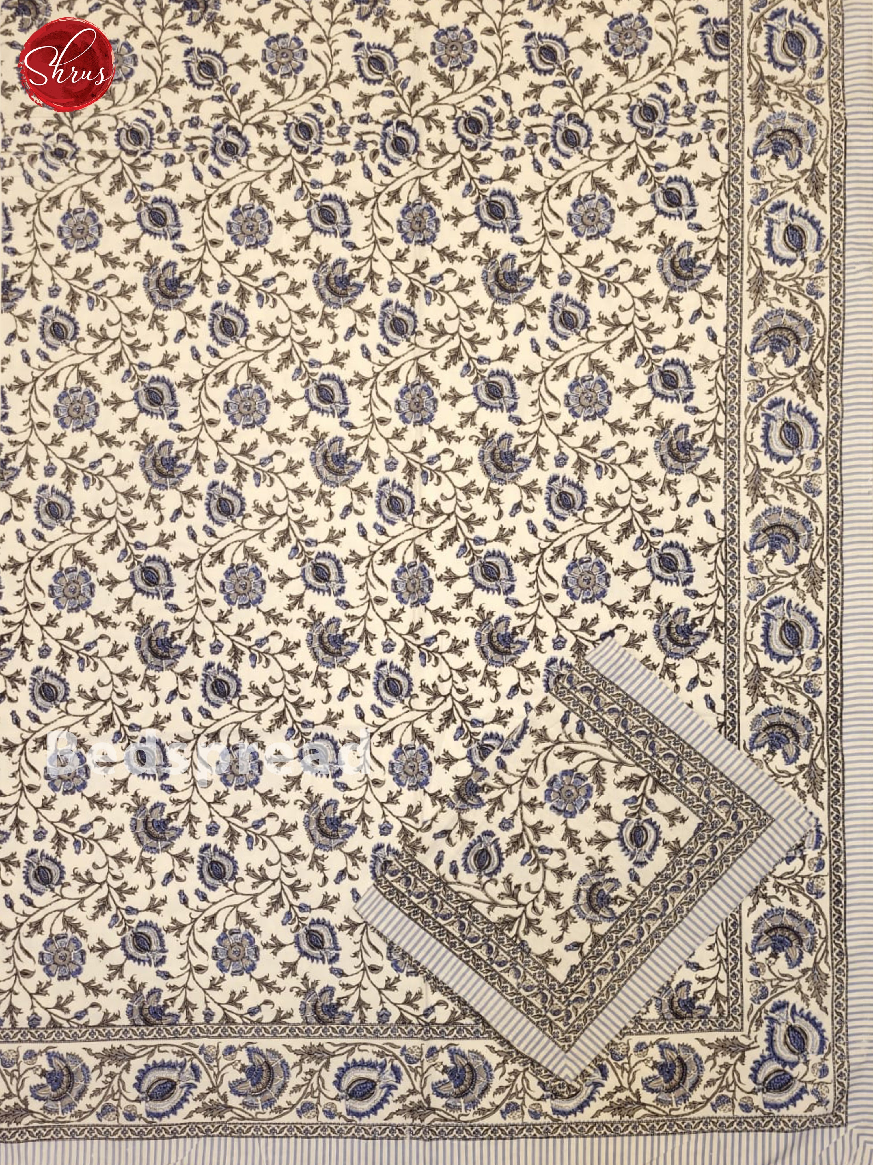 Cream & Blue - Jaipuri Printed Double Bed Spread