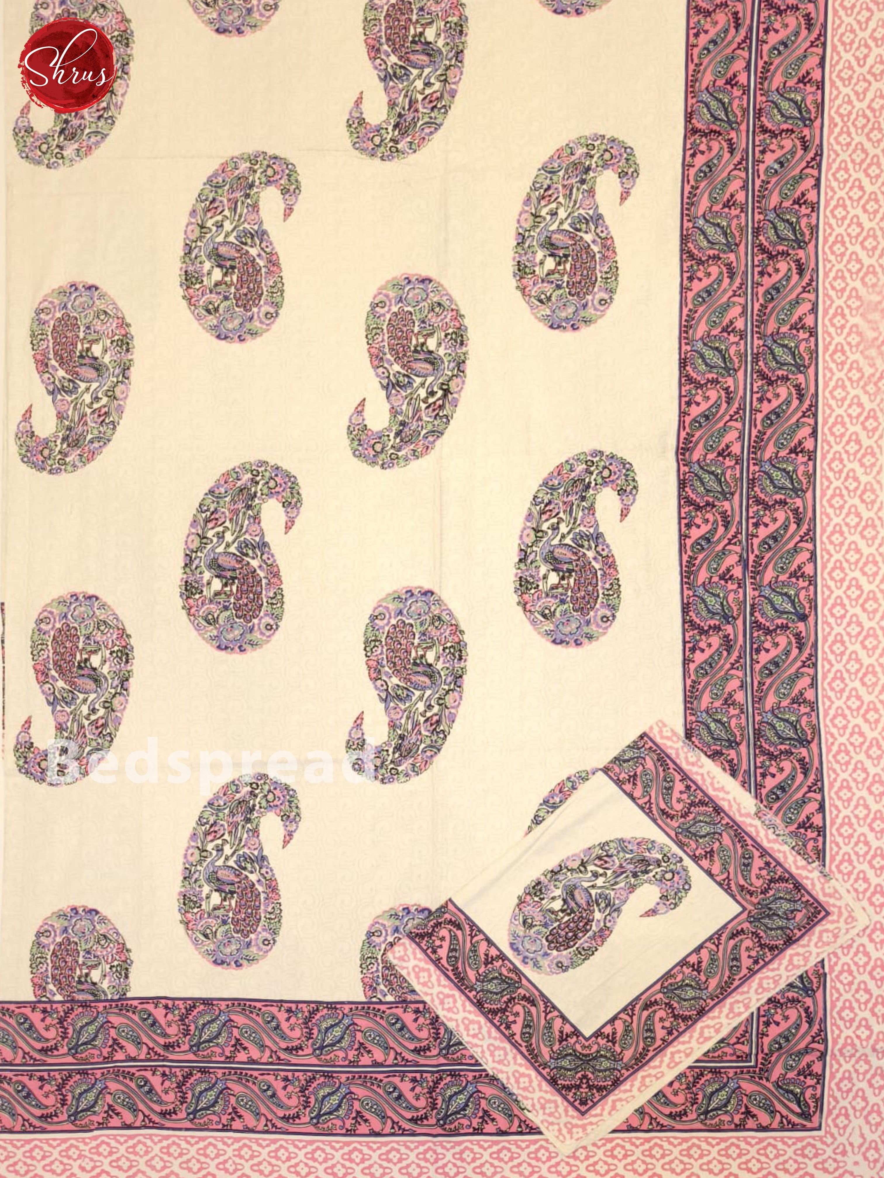 Cream & Pink- Jaipuri Printed Double Bed spread