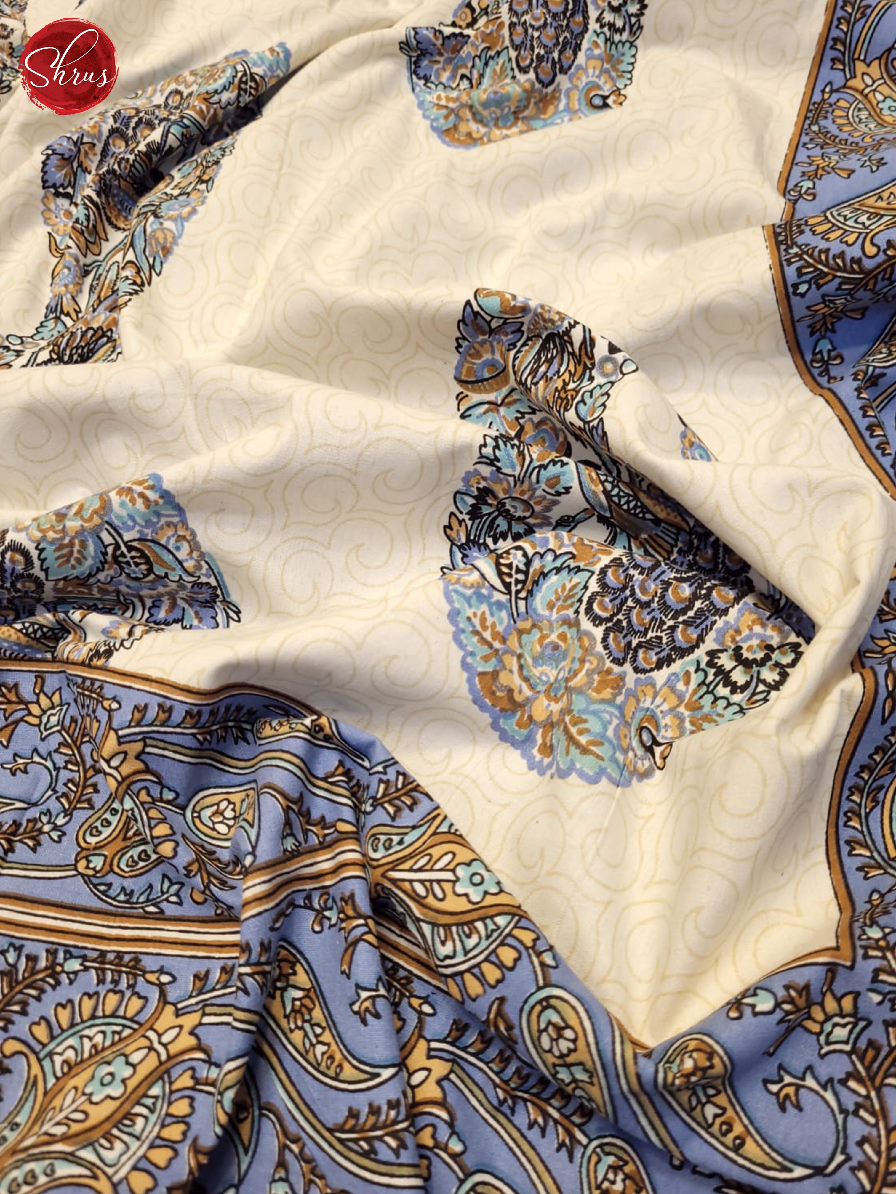 Cream & Blue- Jaipuri Printed Double Bed Spread