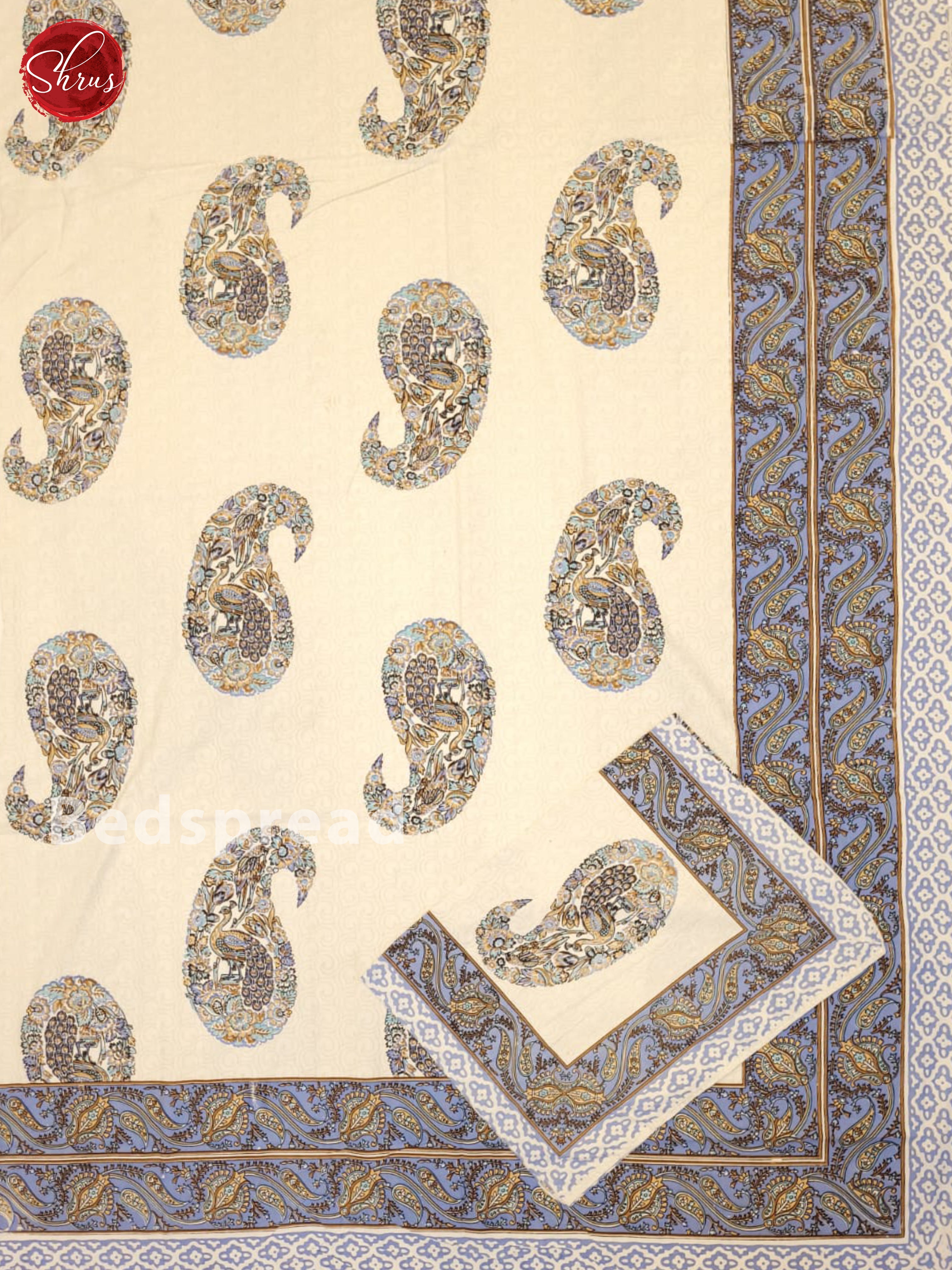 Cream & Blue- Jaipuri Printed Double Bed Spread