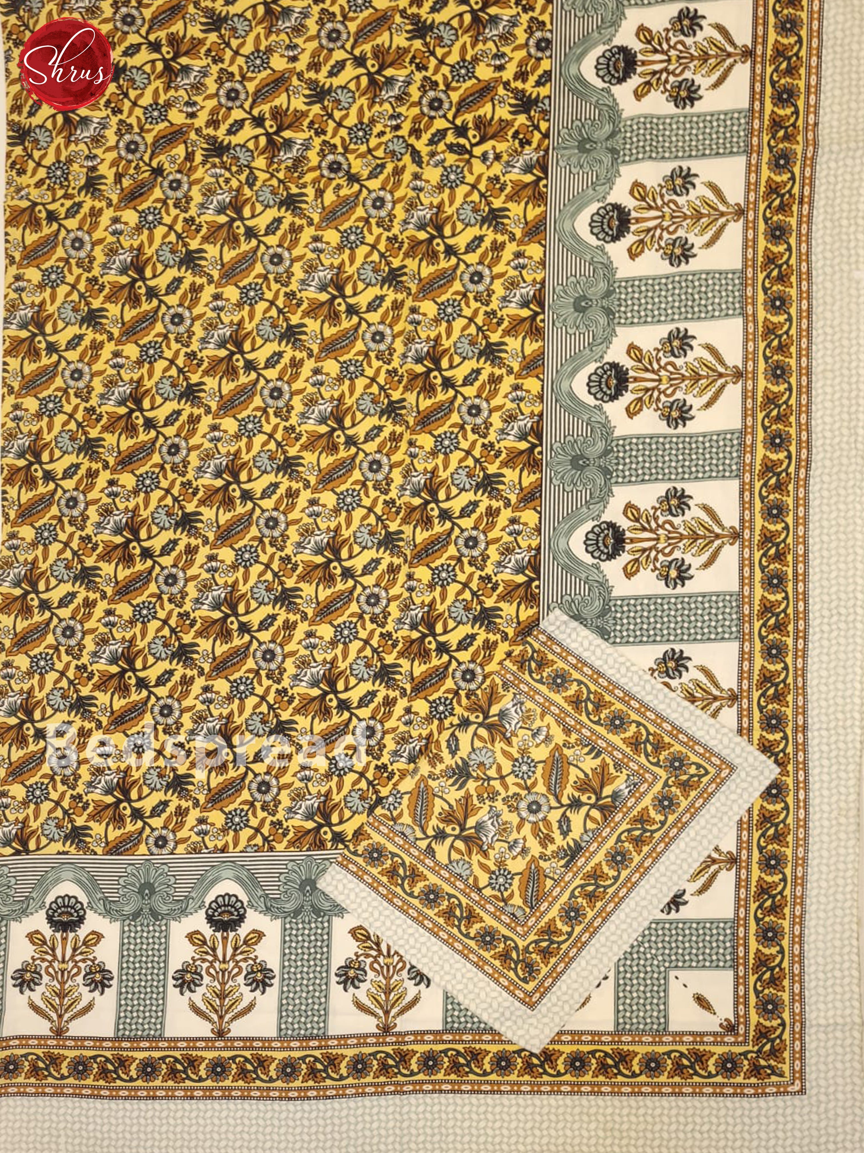 Yellow & Cream-Jaipuri Printed Double Bed Spread