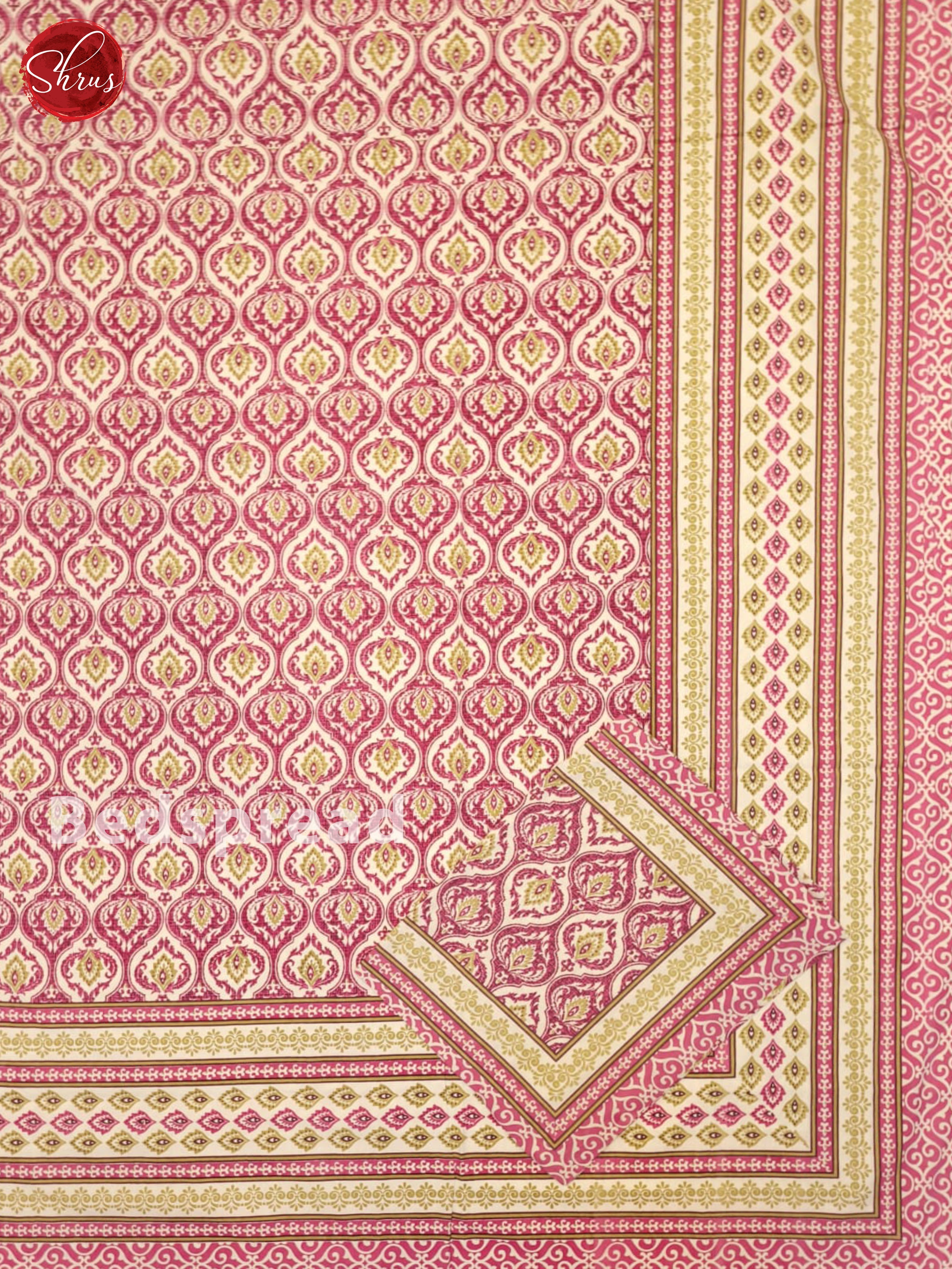 Cream & Pink- Jaipuri Printed Double Bed Spread