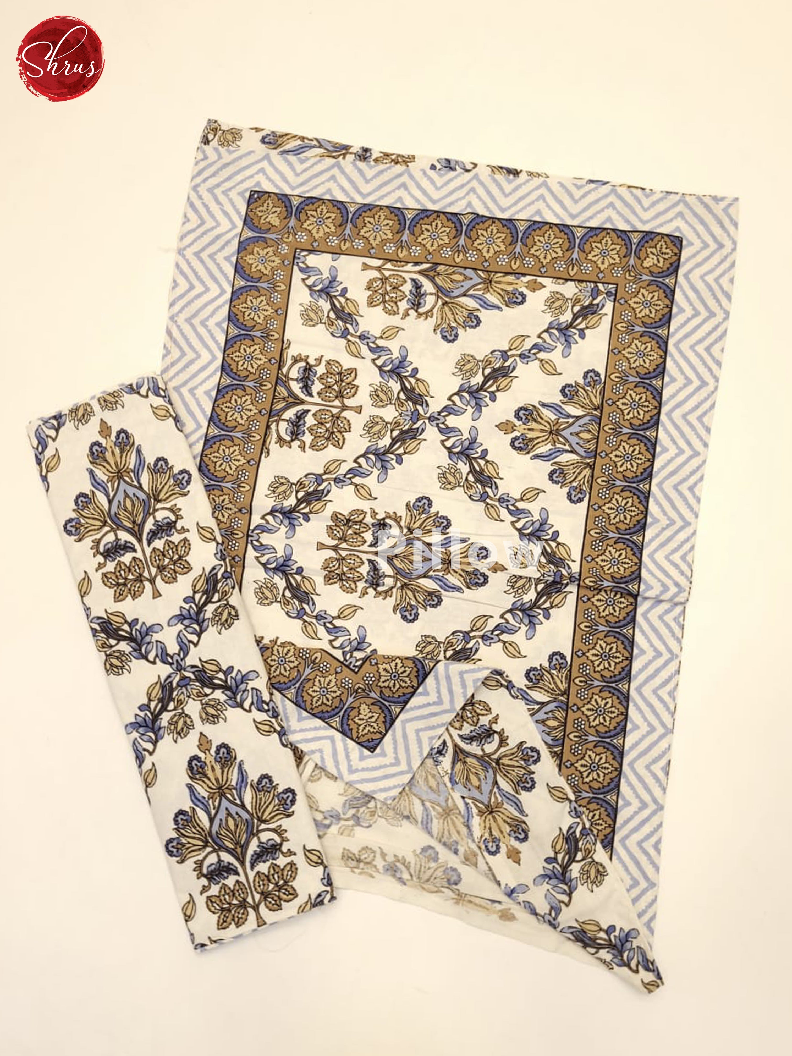 Cream & Blue- Jaipuri Printed Double Bed Spread