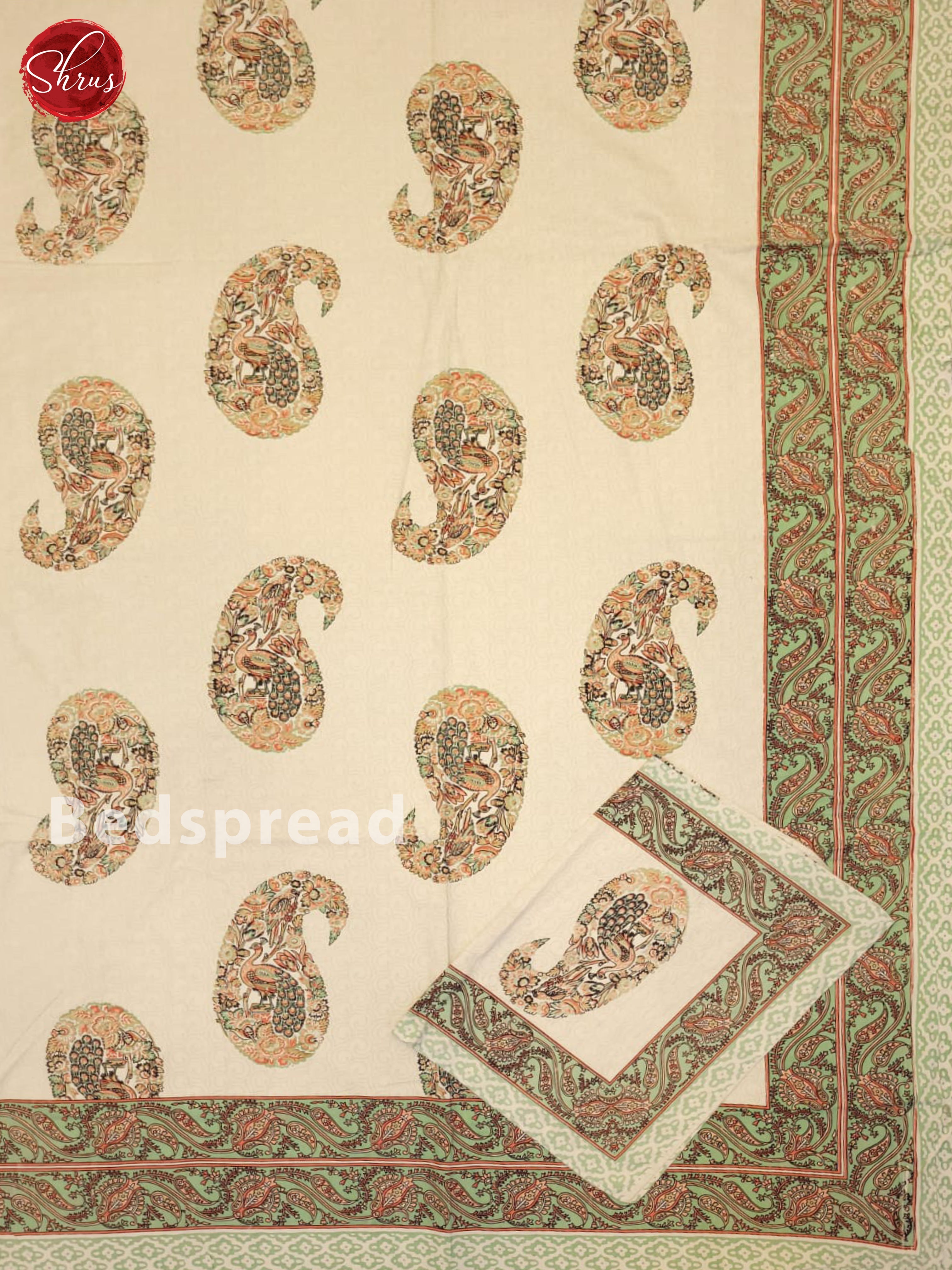 Cream & Green  - Jaipuri Printed Double Bed Spread