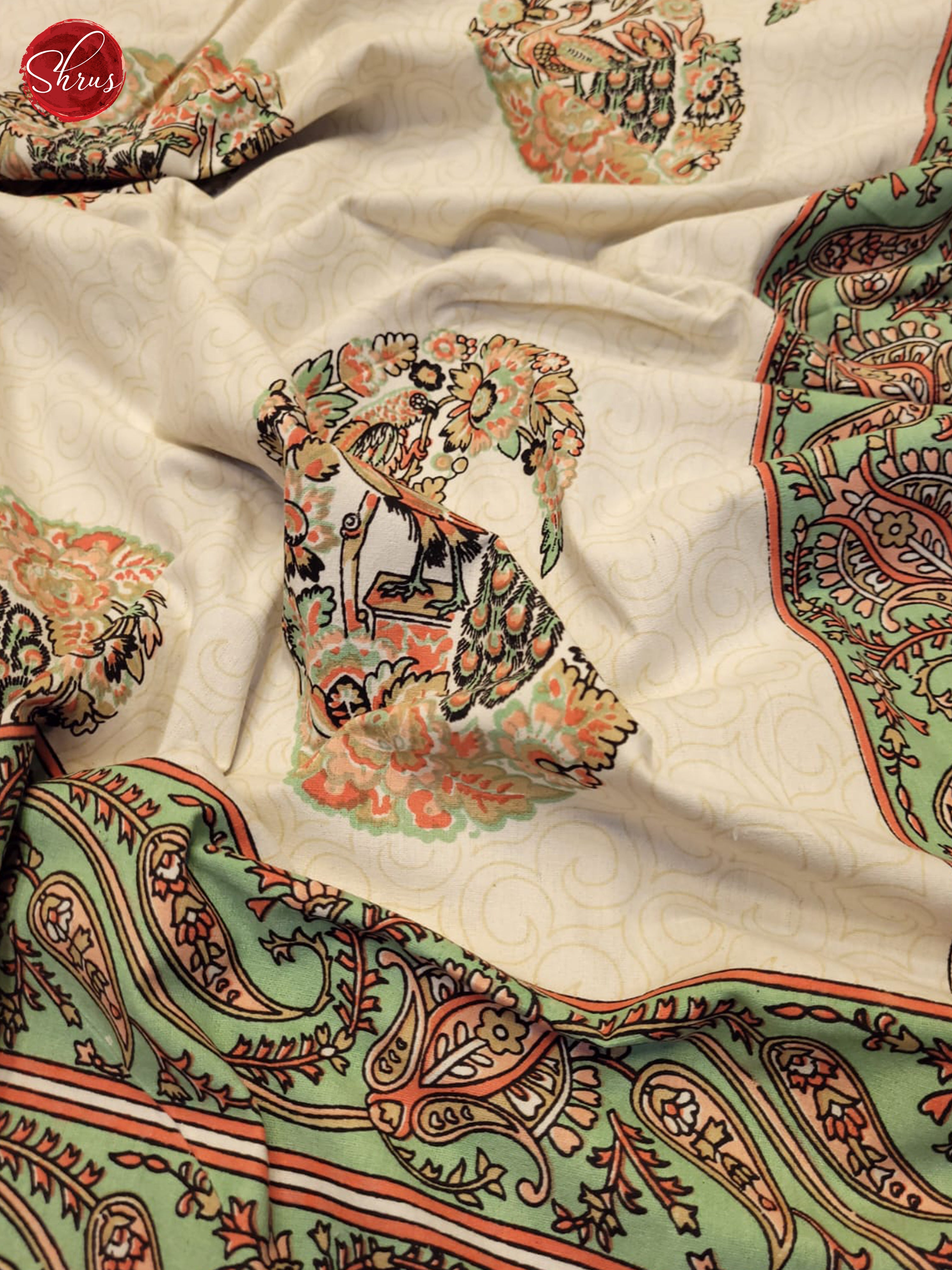 Cream & Green  - Jaipuri Printed Double Bed Spread