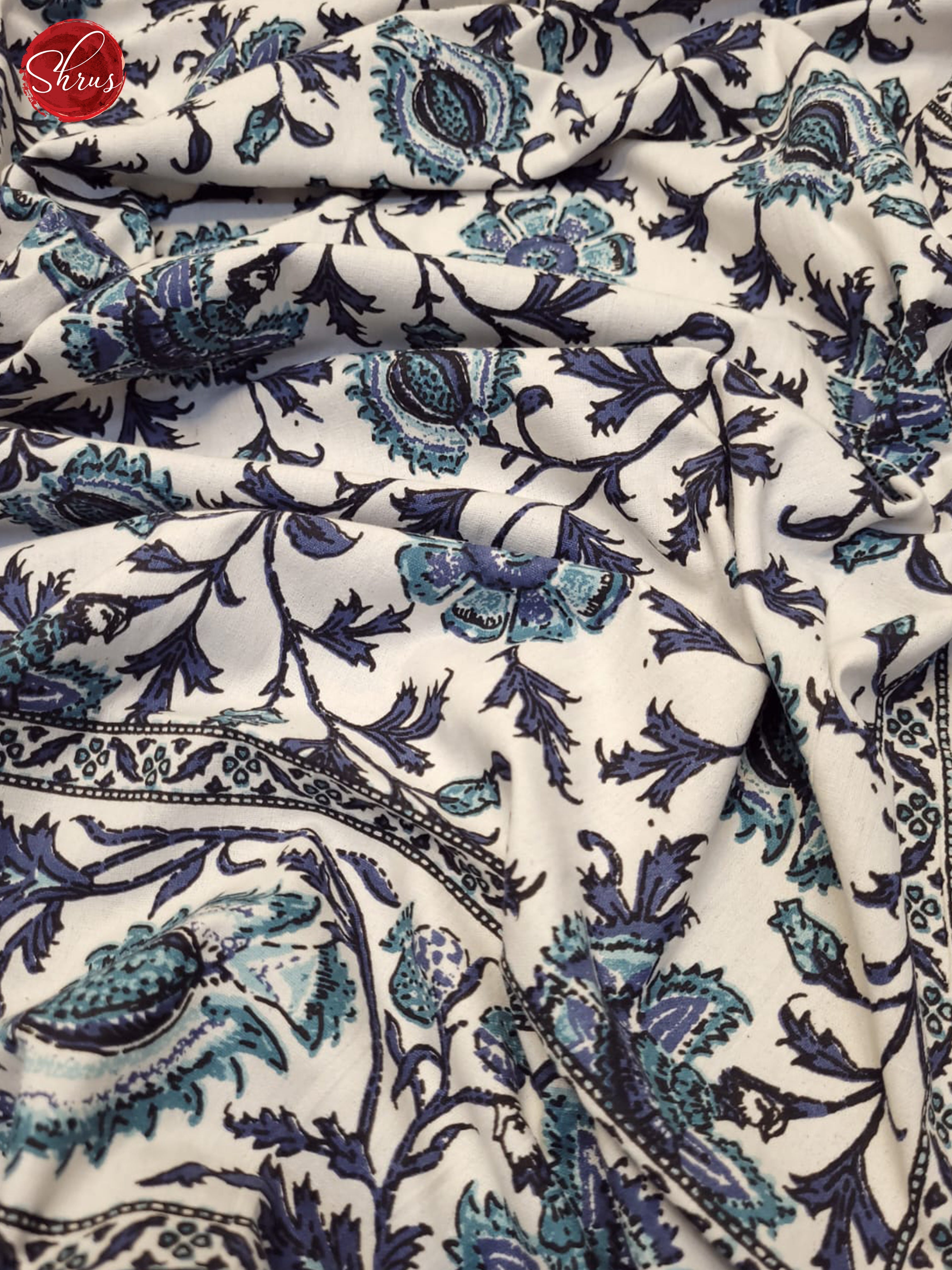 Cream & Blue-  Jaipuri Printed Double Bed Spread