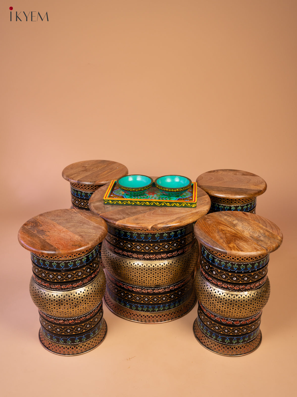 Rustic Hand painted Wooden Round Stool (Set of 5)