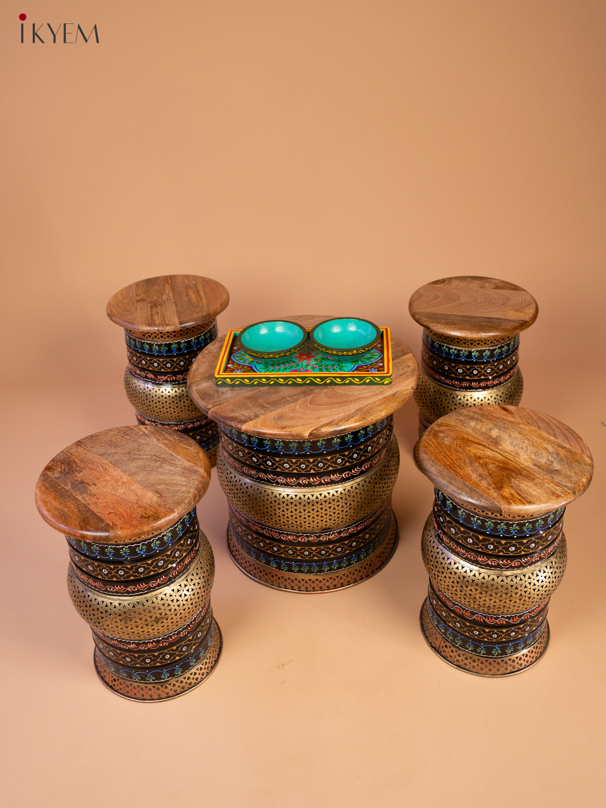 Rustic Hand painted Wooden Round Stool (Set of 5)