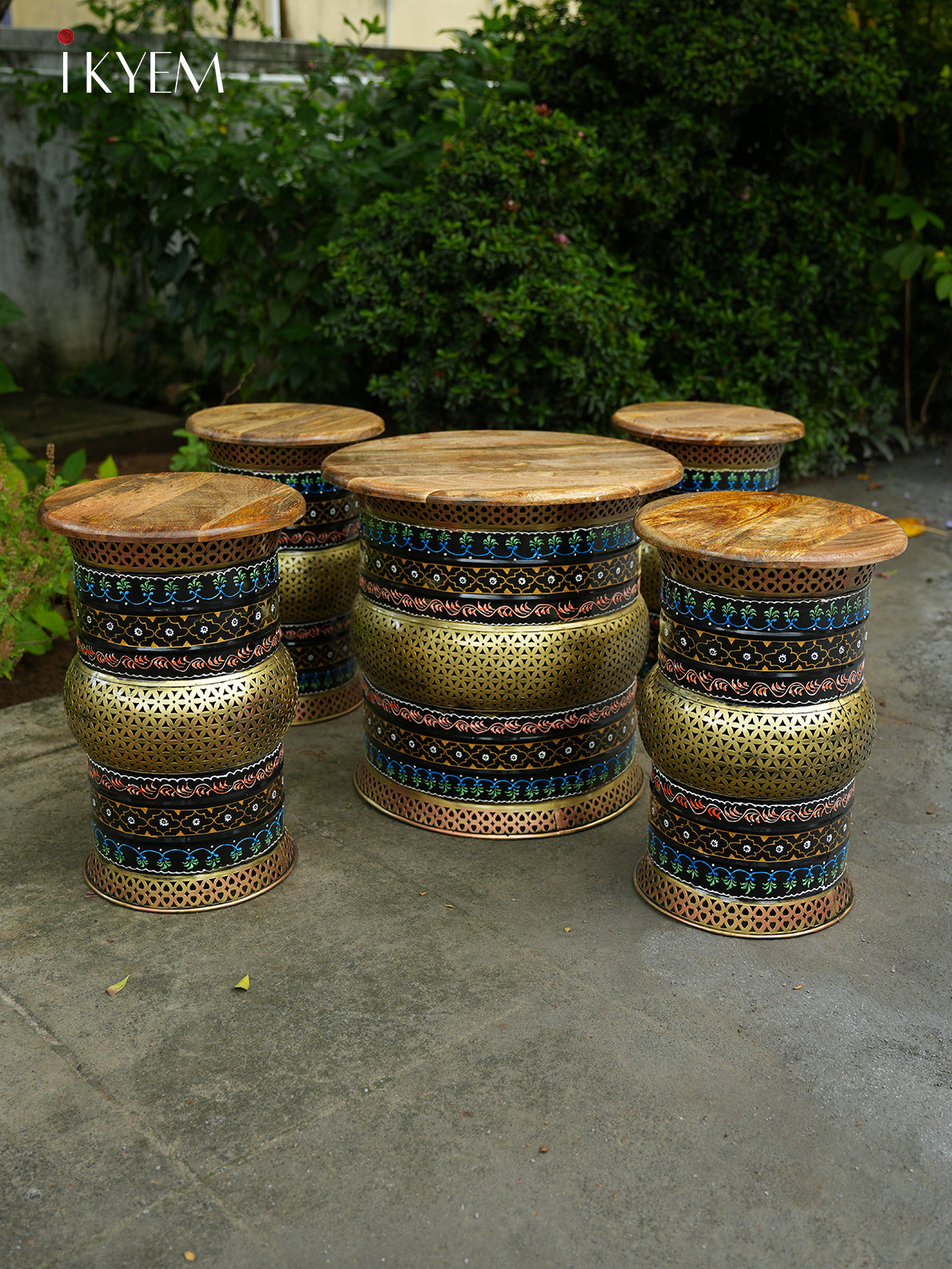 Rustic Hand painted Wooden Round Stool (Set of 5)