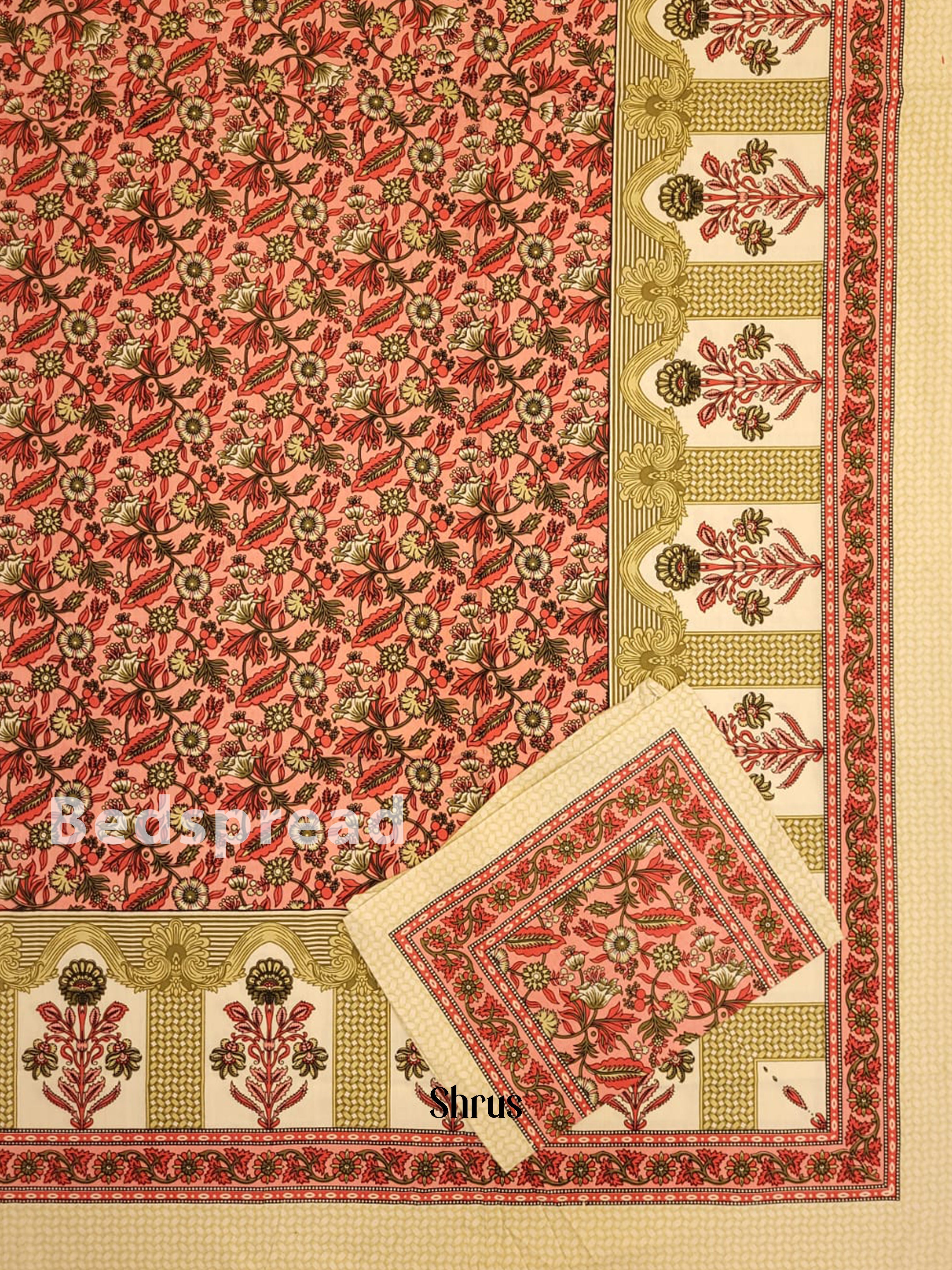 Green & Peachish Pink - Bed Spreads