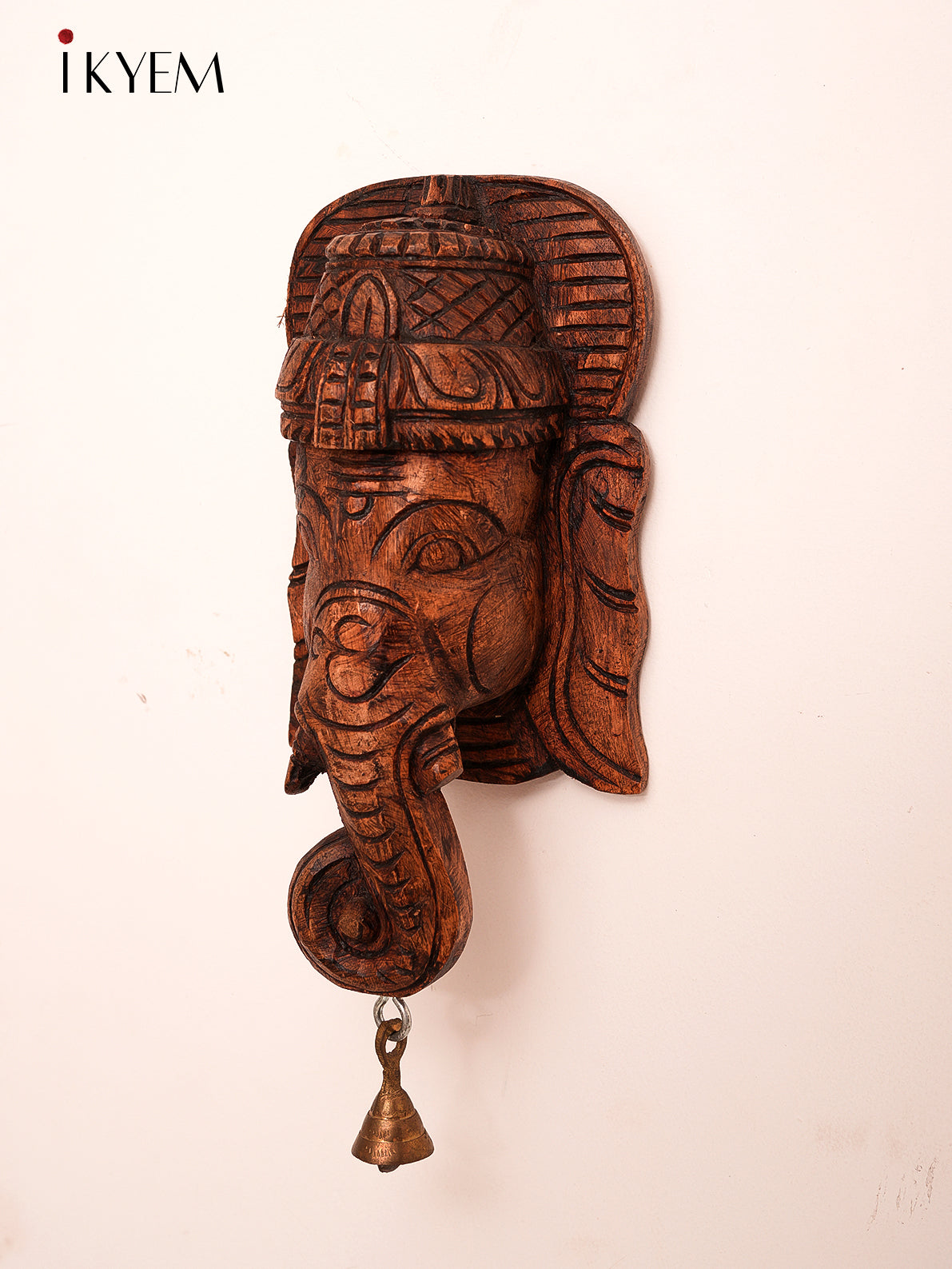 Wooden Ganesha Mask With Bell Wall Hanging