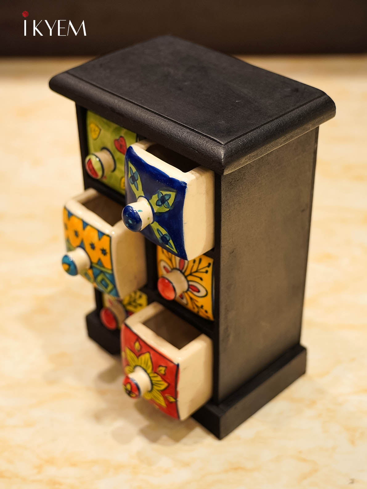 Handpainted wooden storage box with 6 Ceramic Drawers