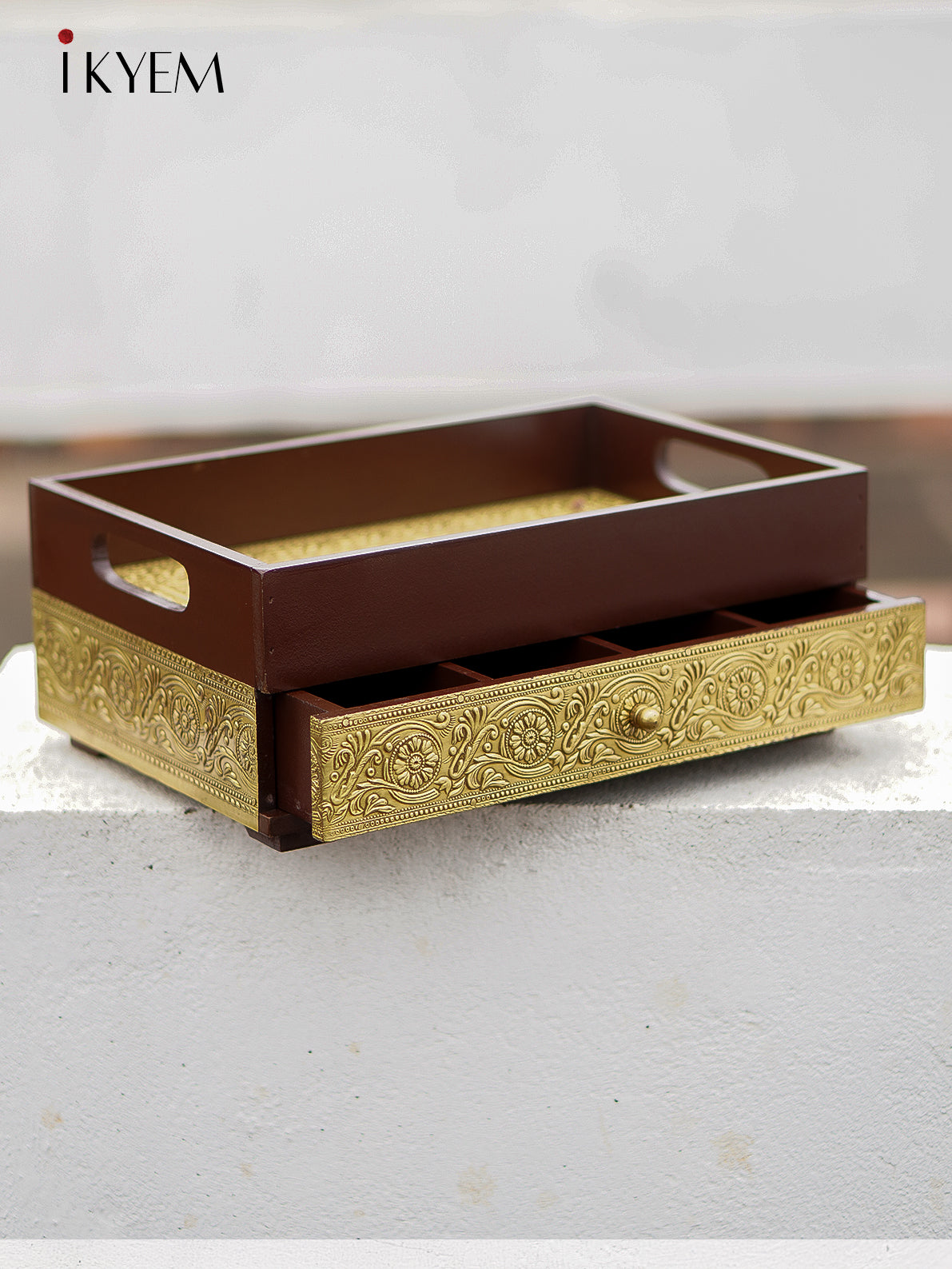 Brass embellished Wooden Tray & Drawer