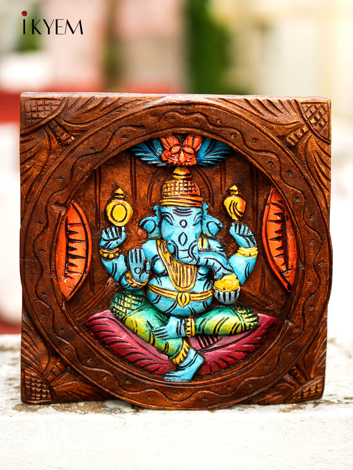 Hand Carved Wooden Ganesha In Frame