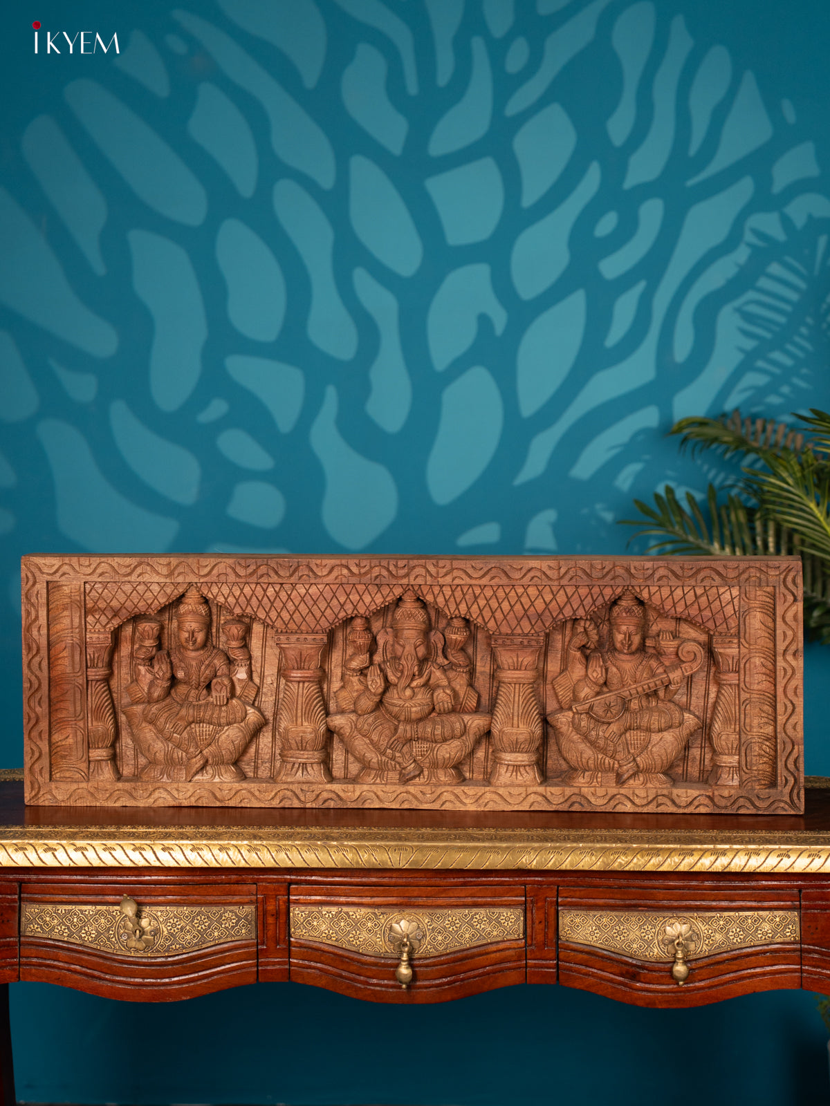 Ganesh, Sarswathi & Lakshmi wood carved panel