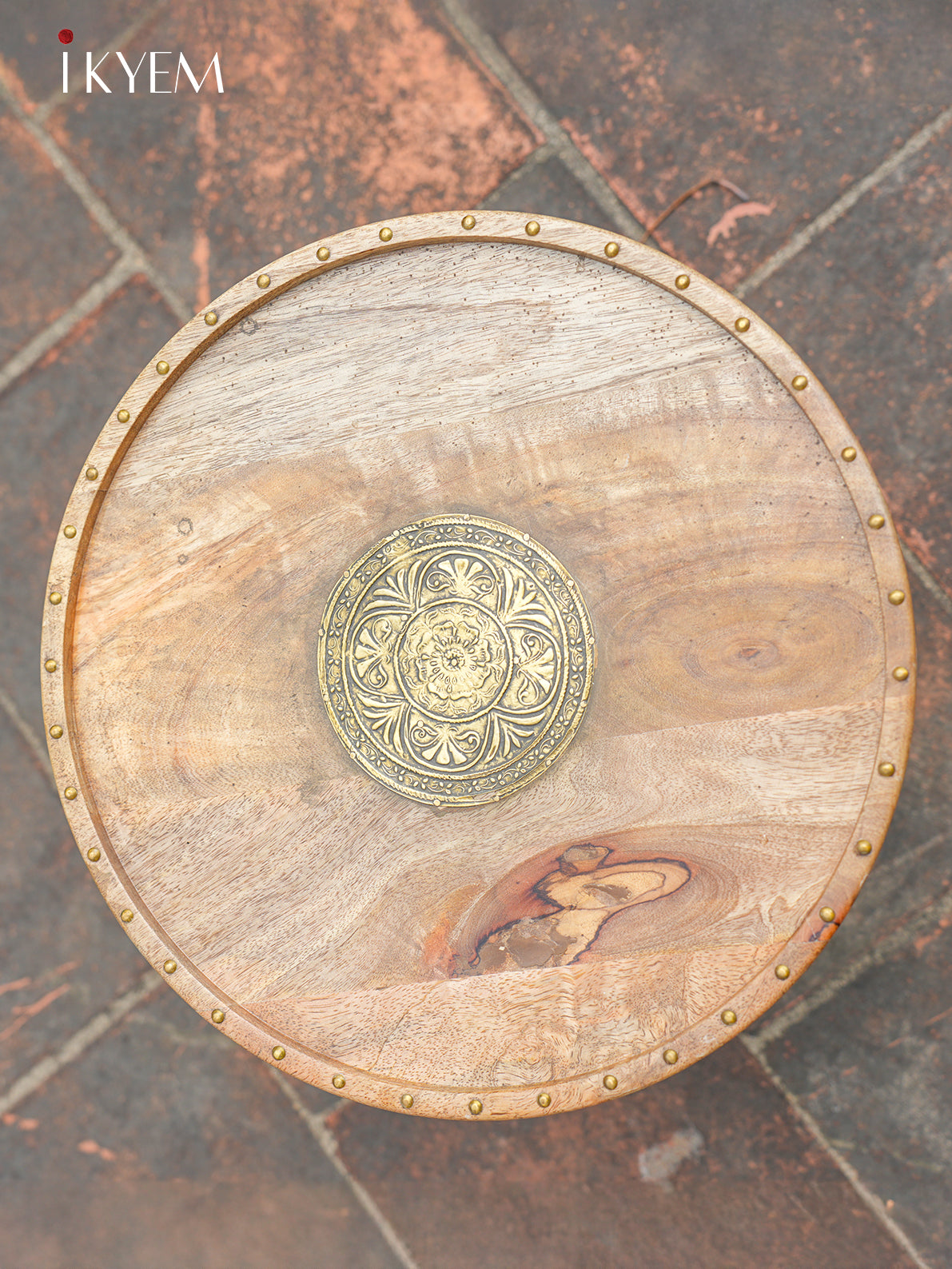 Unique Wooden Stool with Brass Accents