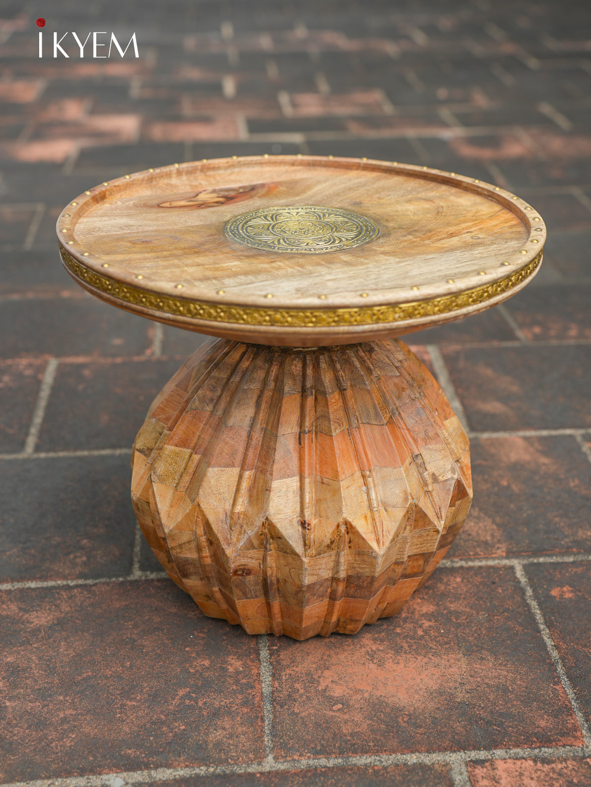 Unique Wooden Stool with Brass Accents