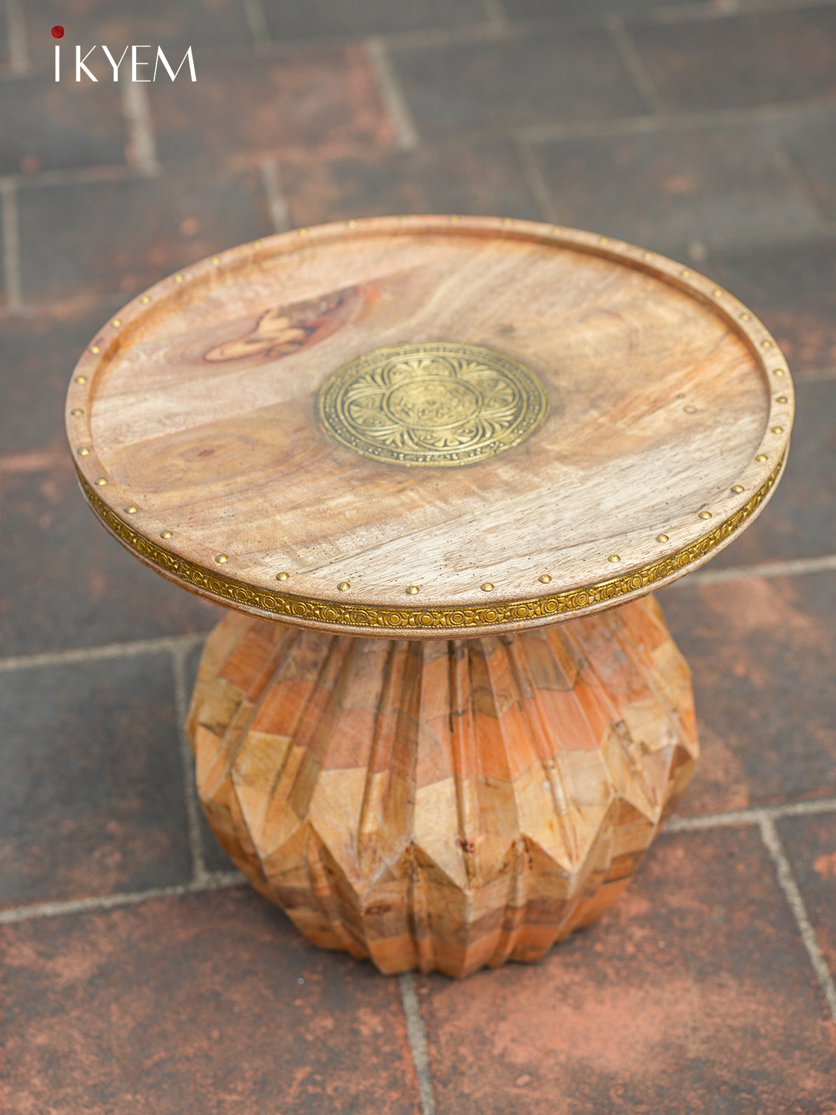 Unique Wooden Stool with Brass Accents