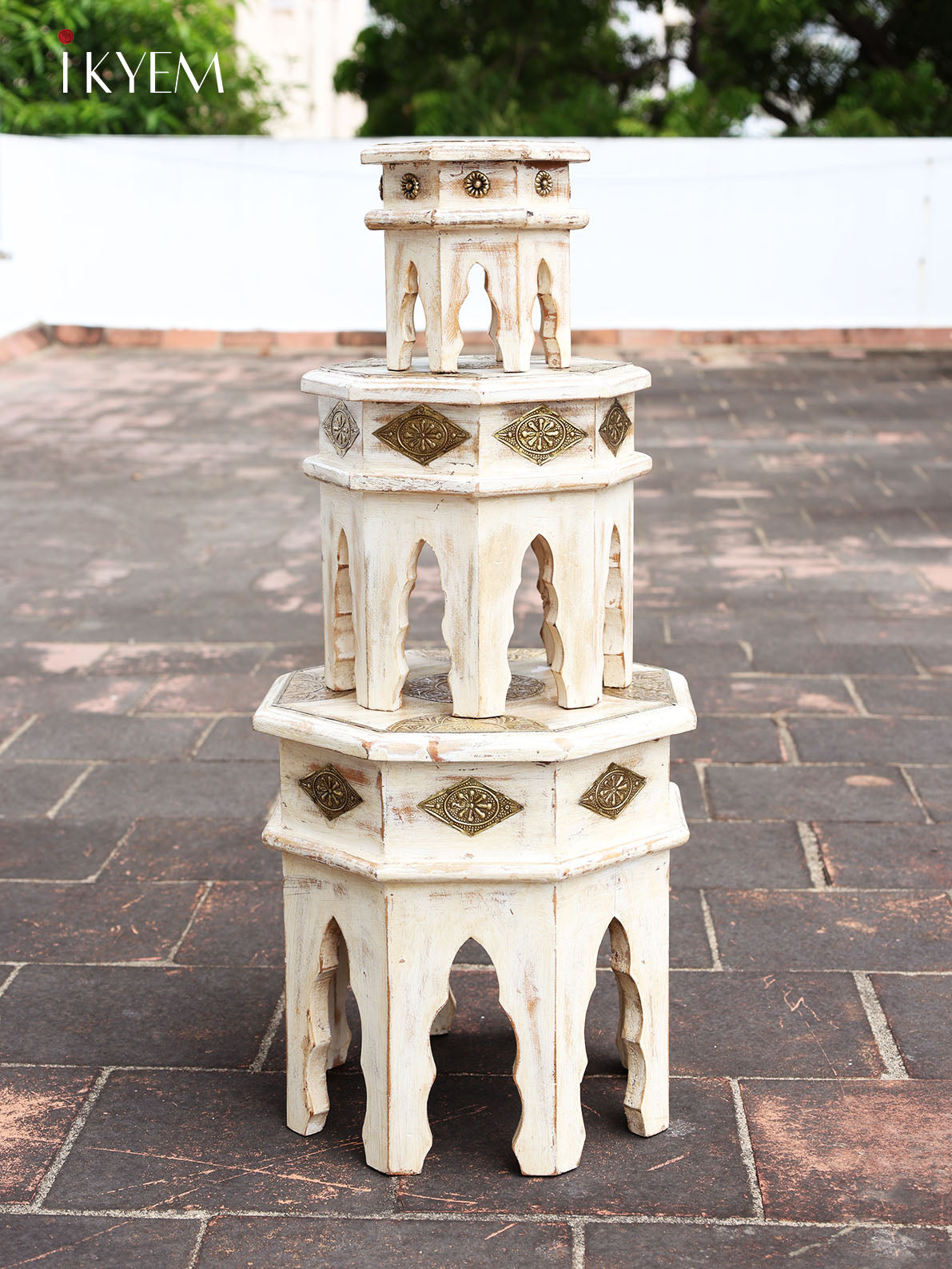 Wooden Table Set of 3 with brass Embellishment