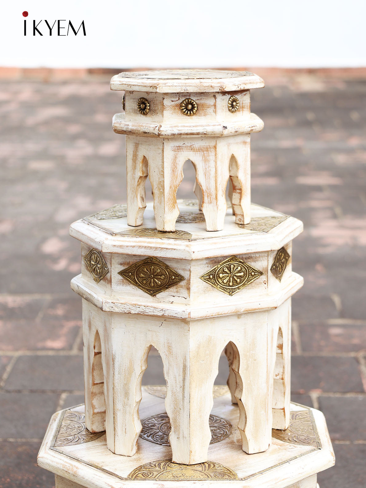 Wooden Table Set of 3 with brass Embellishment