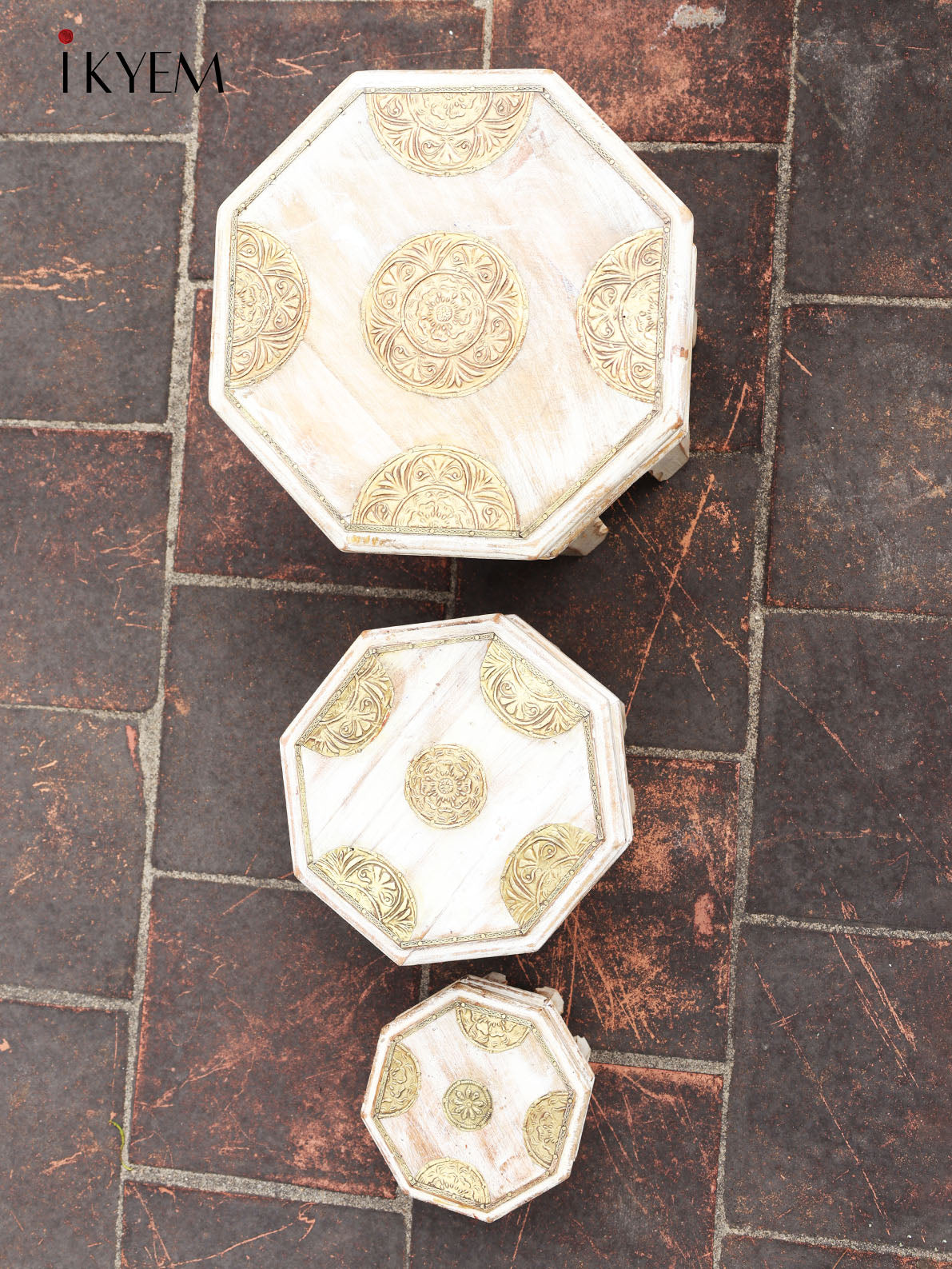 Wooden Table Set of 3 with brass Embellishment