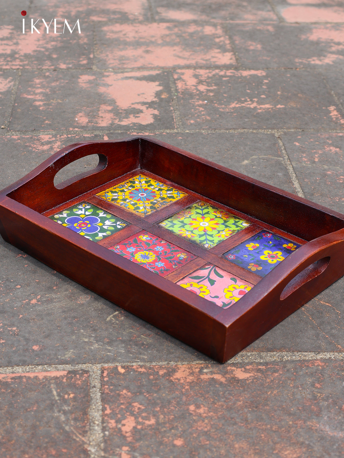 Wooden Tray with Colourful Tile Work - 4IJ24043