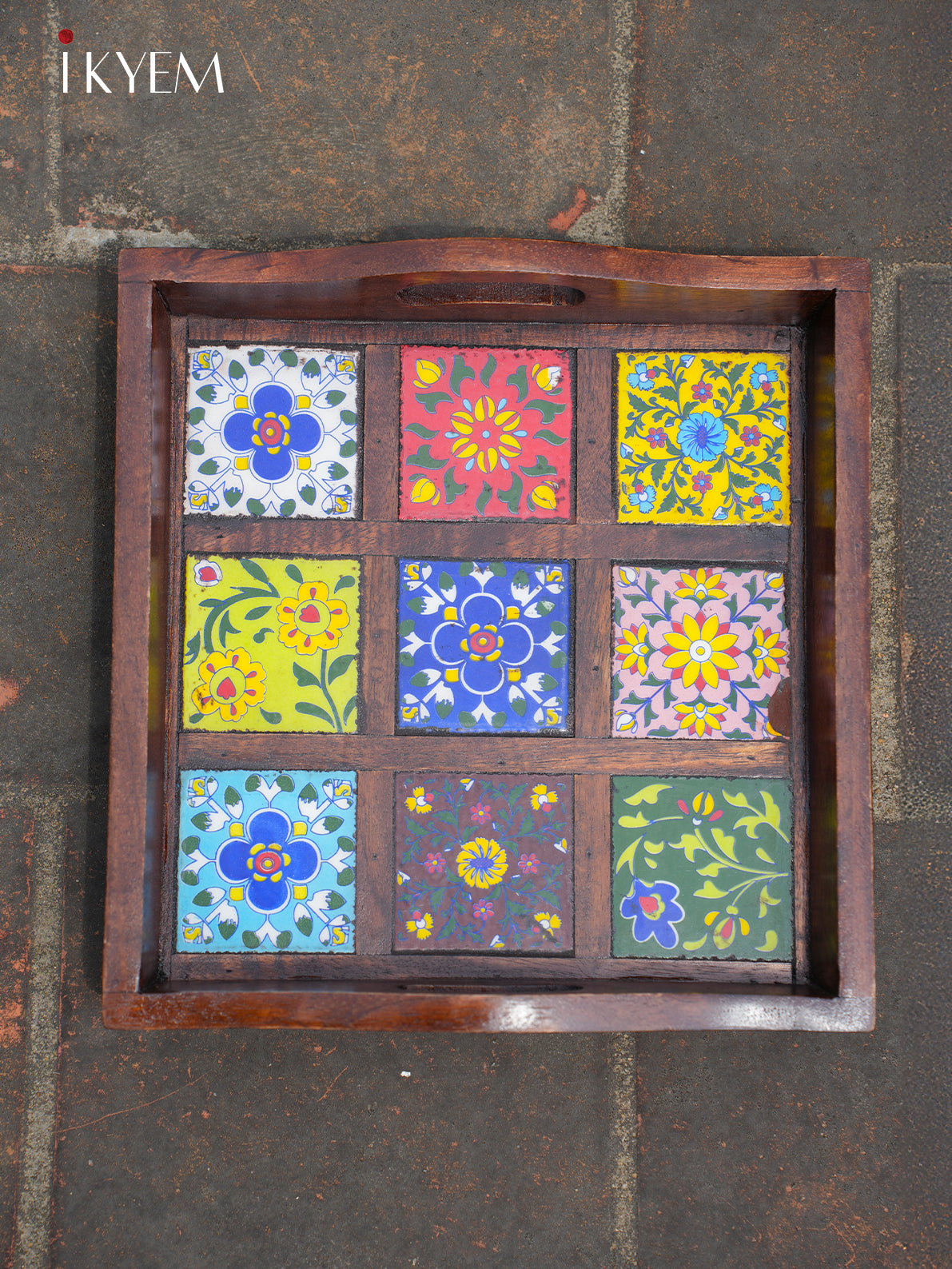 Wooden Tray with Colourful Tile Work - 4IJ24050