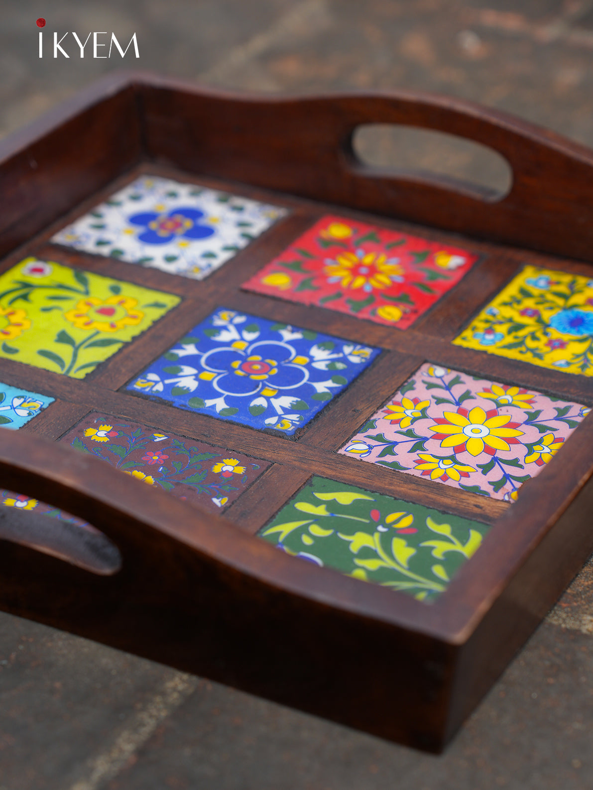 Wooden Tray with Colourful Tile Work - 4IJ24050