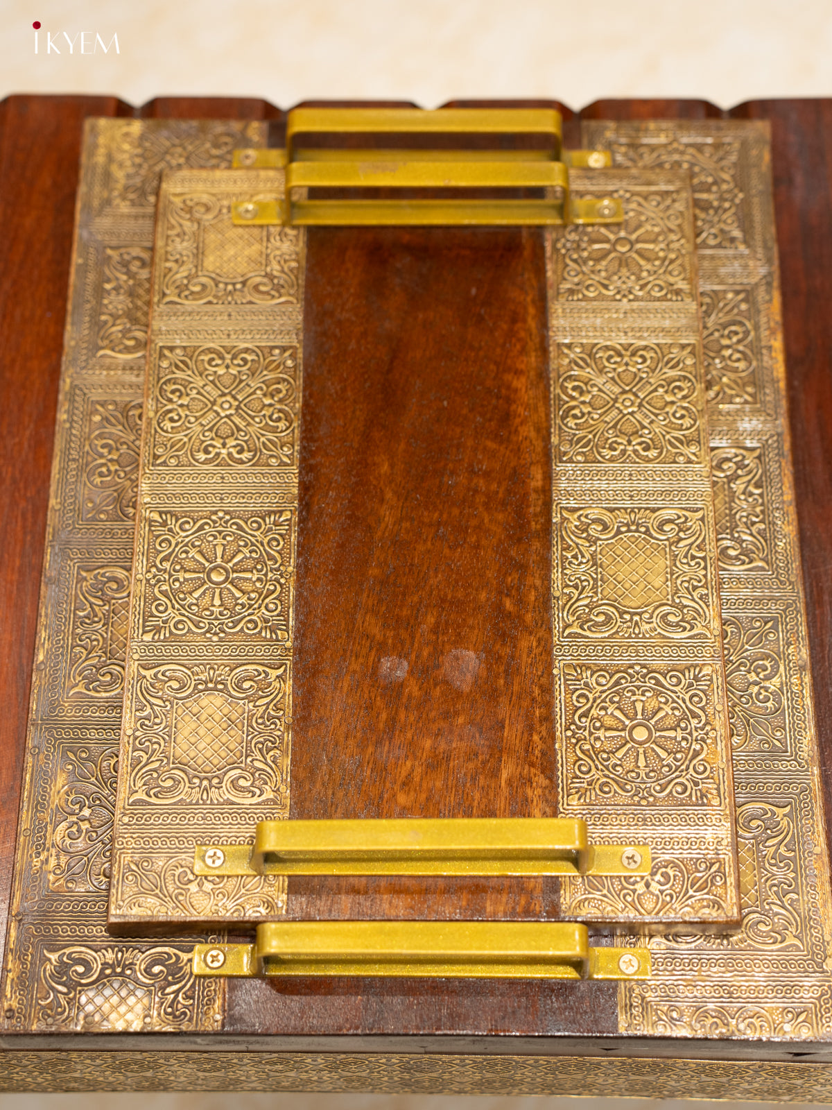 Wooden Serving Tray with Intricate Brass Inlay Work