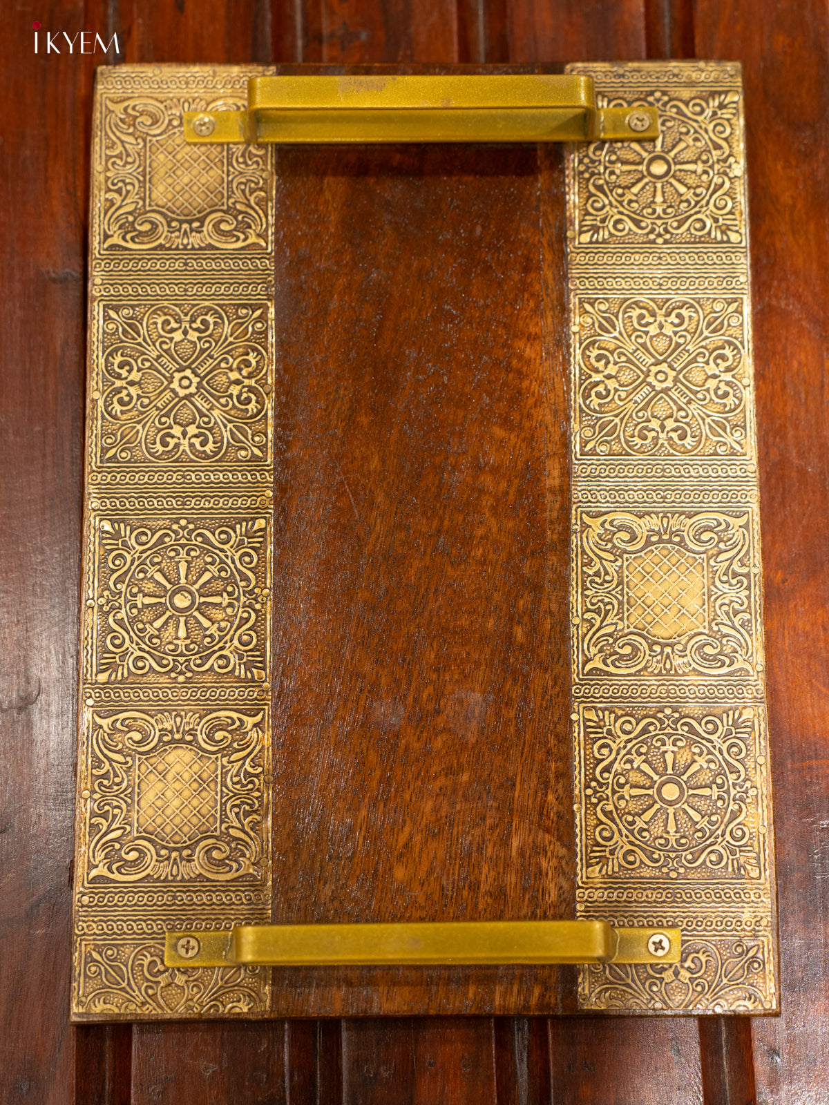 Wooden Serving Tray with Intricate Brass Inlay Work