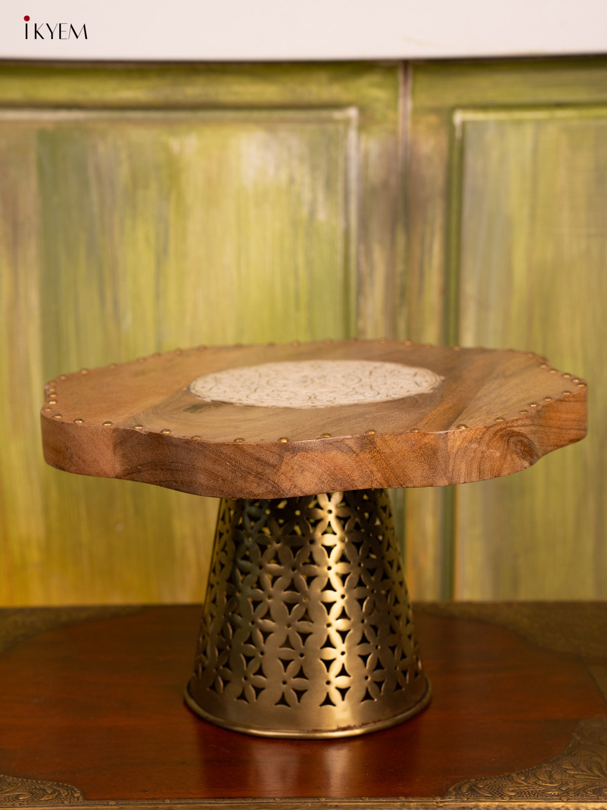 Round Wooden Stool with Brass Stand - 4IJ26218