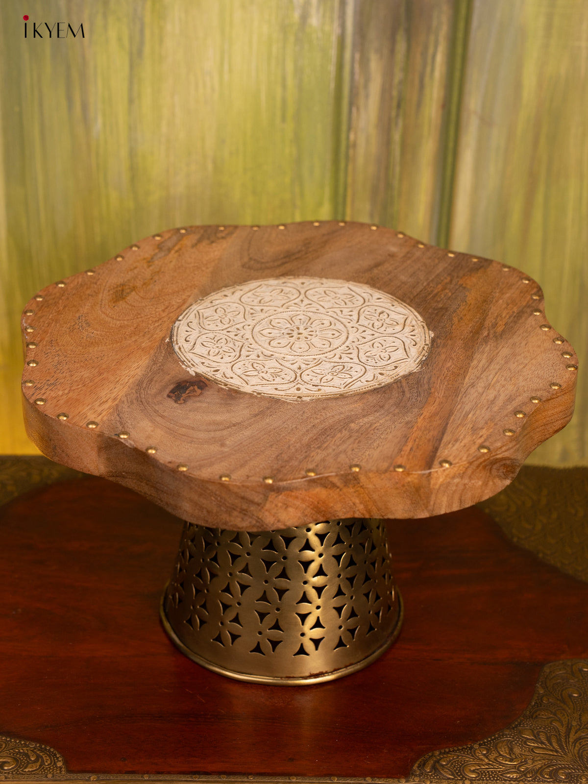 Round Wooden Stool with Brass Stand - 4IJ26218