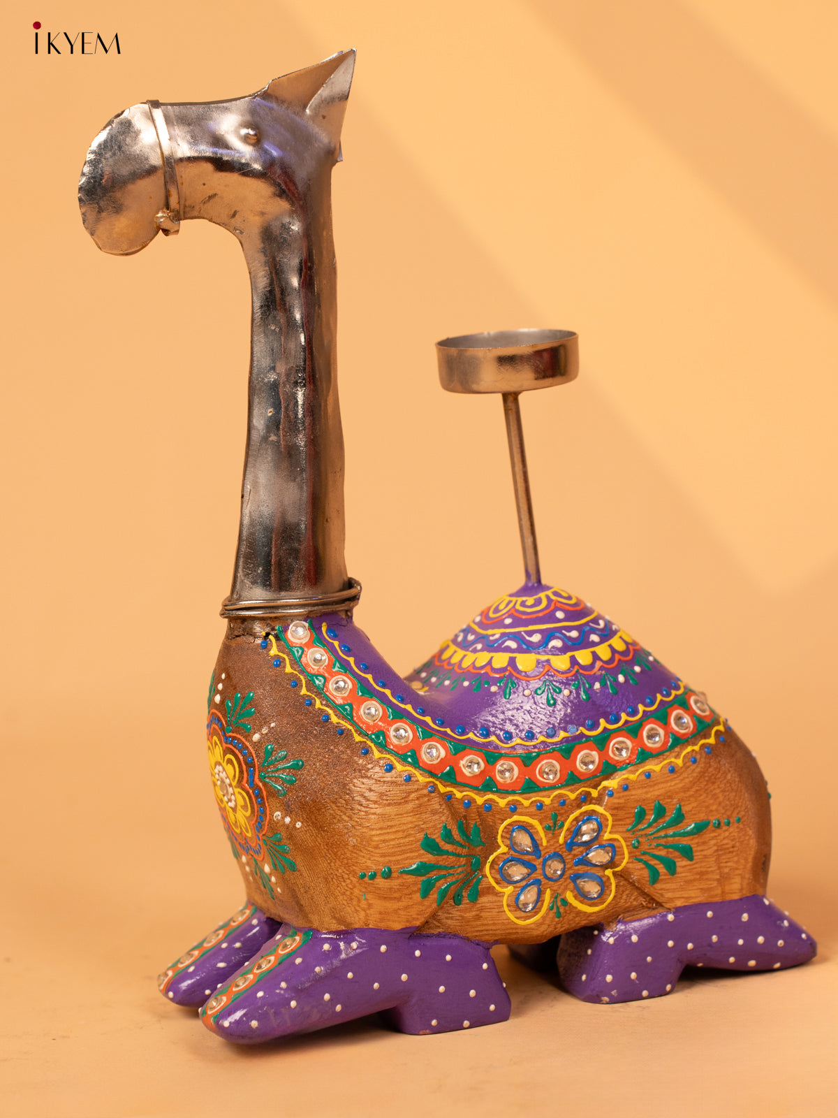 Iron & Wooden Hand Painted Camel tealight candle stand - 4JJ01017