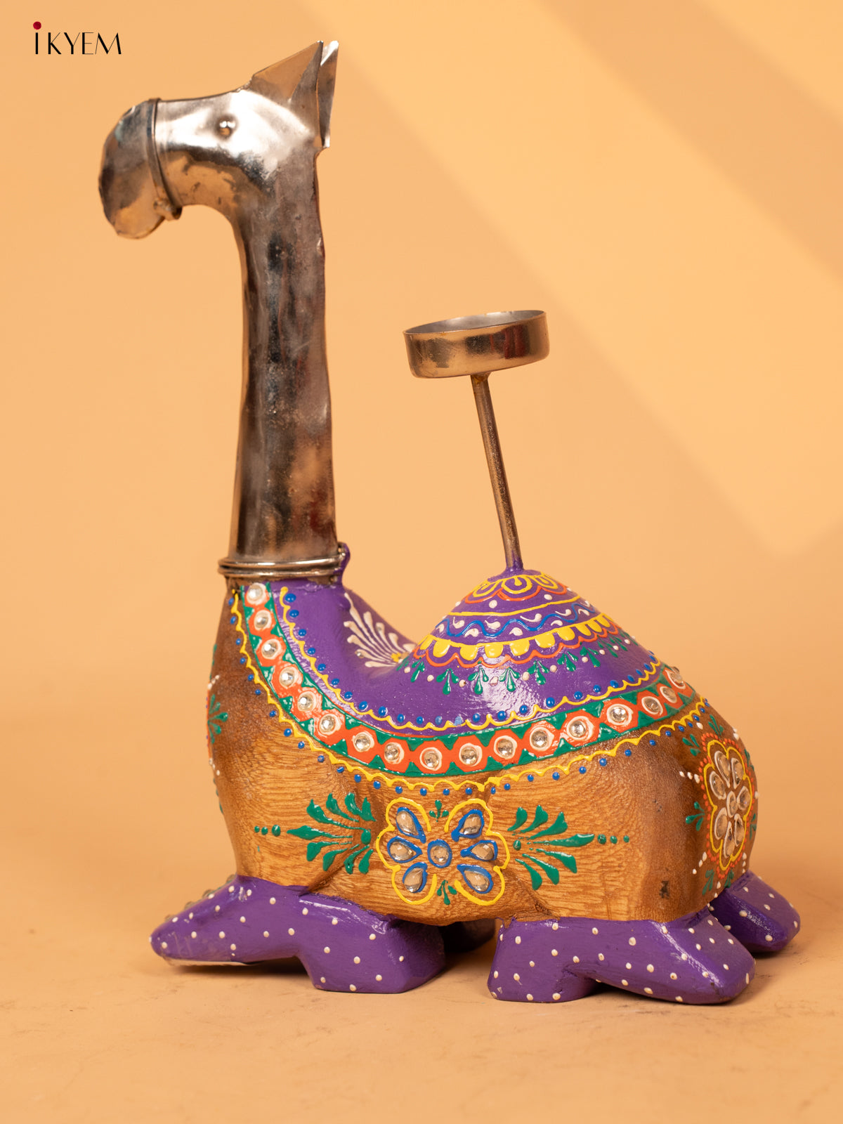 Iron & Wooden Hand Painted Camel tealight candle stand - 4JJ01017