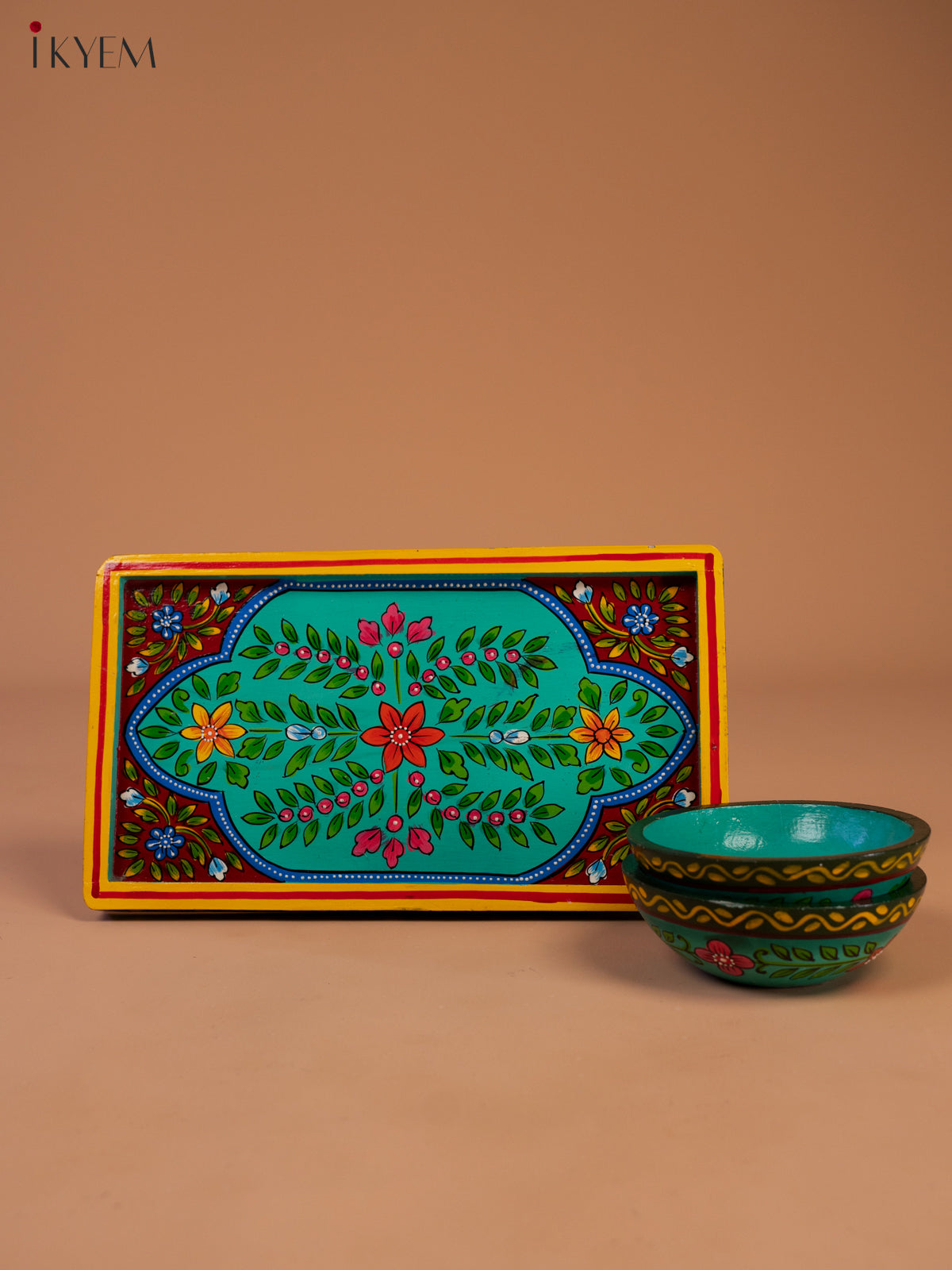 Vibrant Hand Painted Serving Tray With 2 Bowls