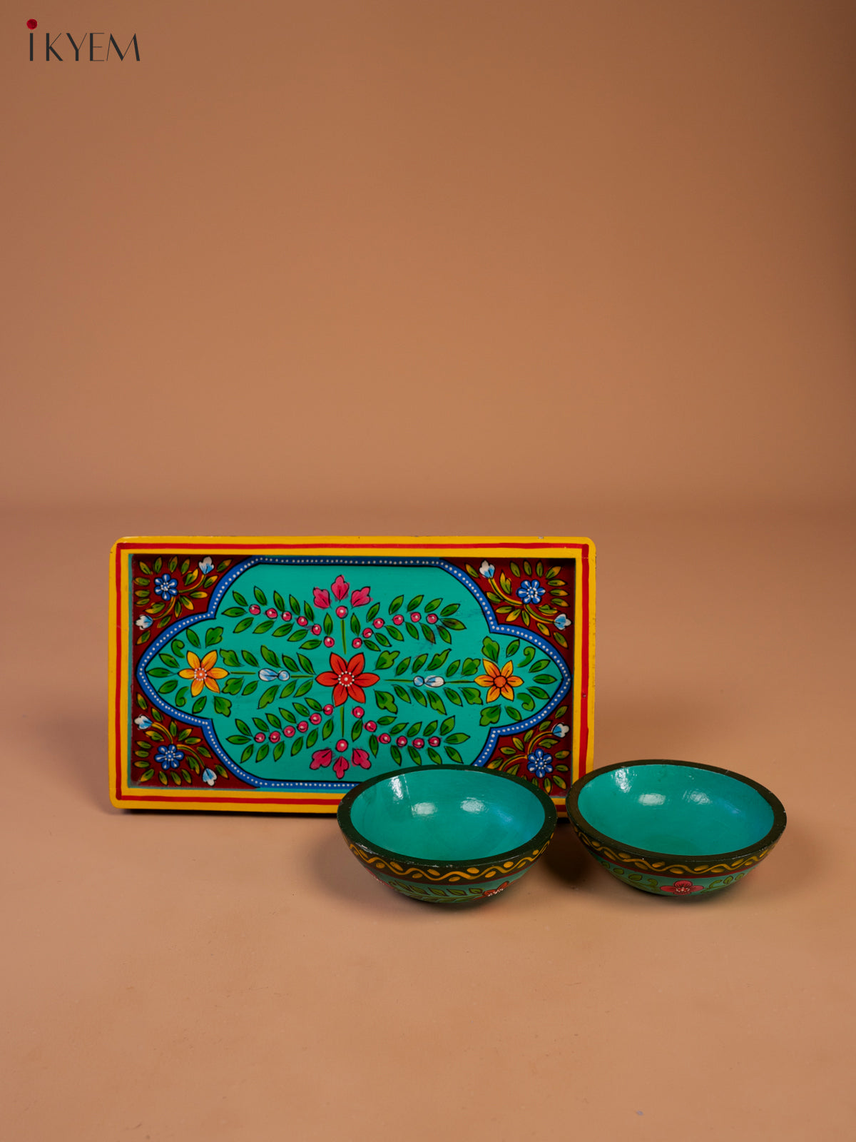 Vibrant Hand Painted Serving Tray With 2 Bowls