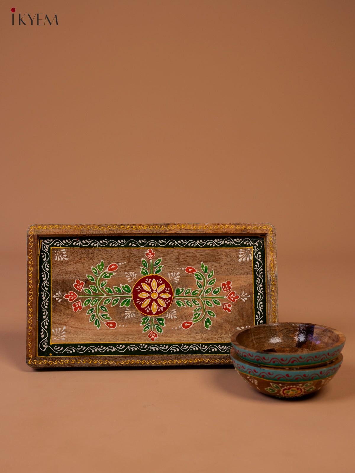 Hand Painted Wooden Serving Tray with  2 Bowls