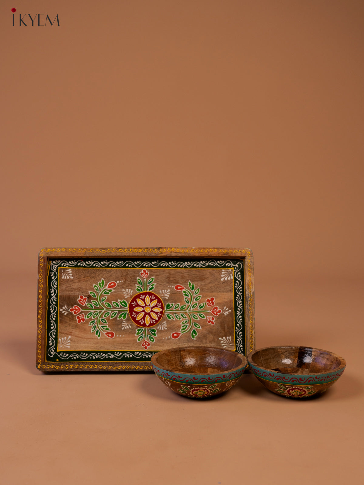 Hand Painted Wooden Serving Tray with  2 Bowls