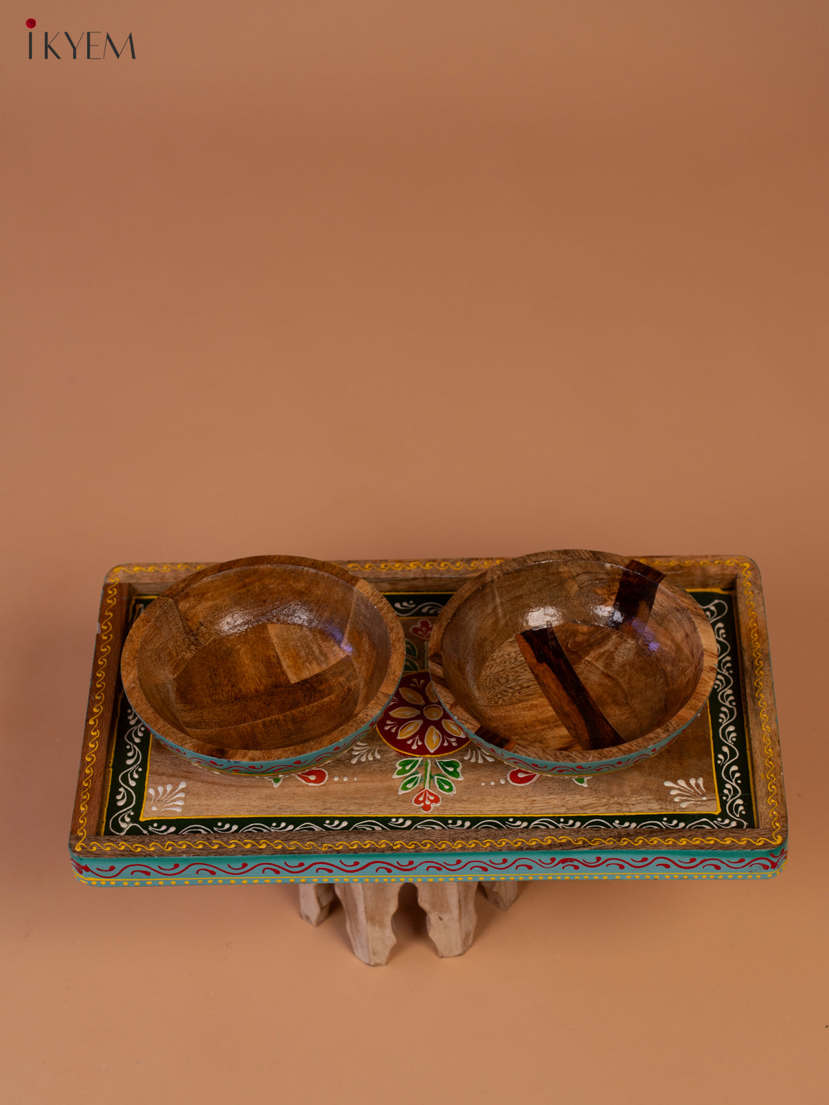 Hand Painted Wooden Serving Tray with  2 Bowls