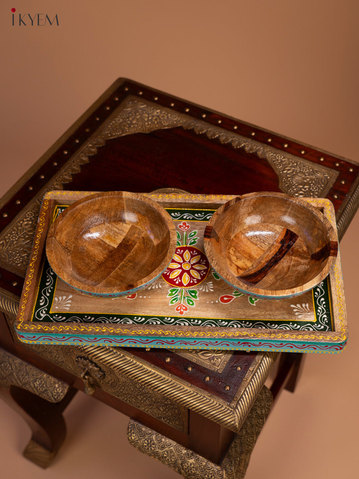 Hand Painted Wooden Serving Tray with  2 Bowls