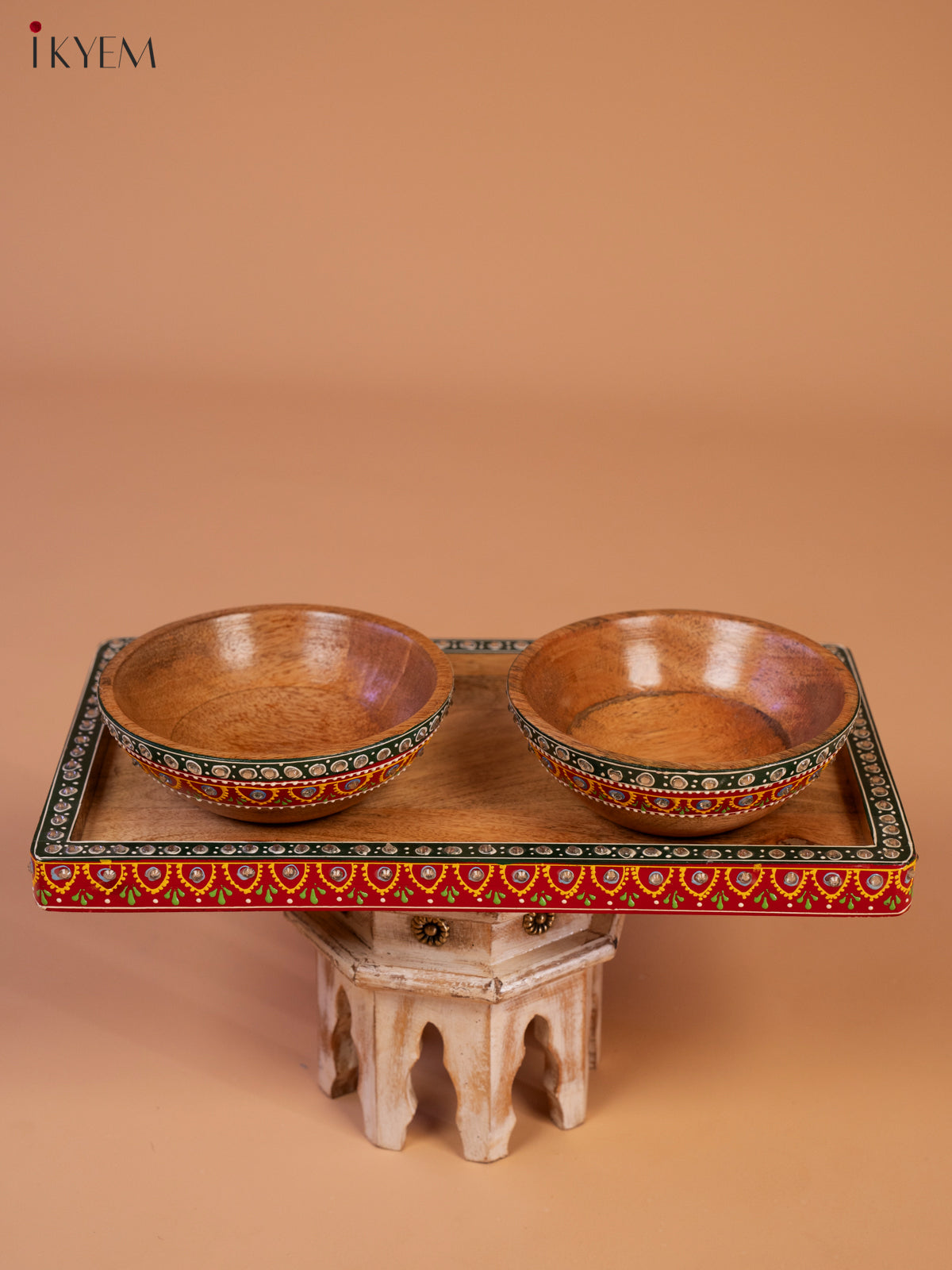 Hand Painted Wooden Serving Tray With Bowls