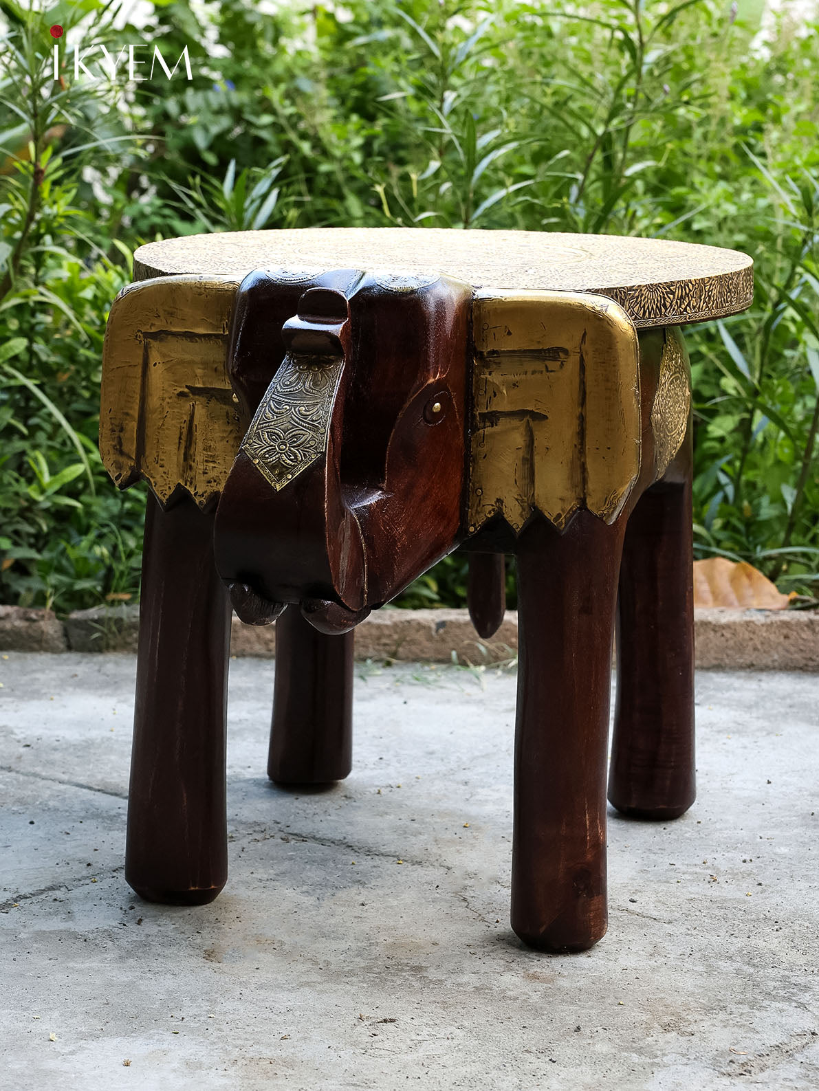 Elephant Shaped Wooden Stool with Brass accent