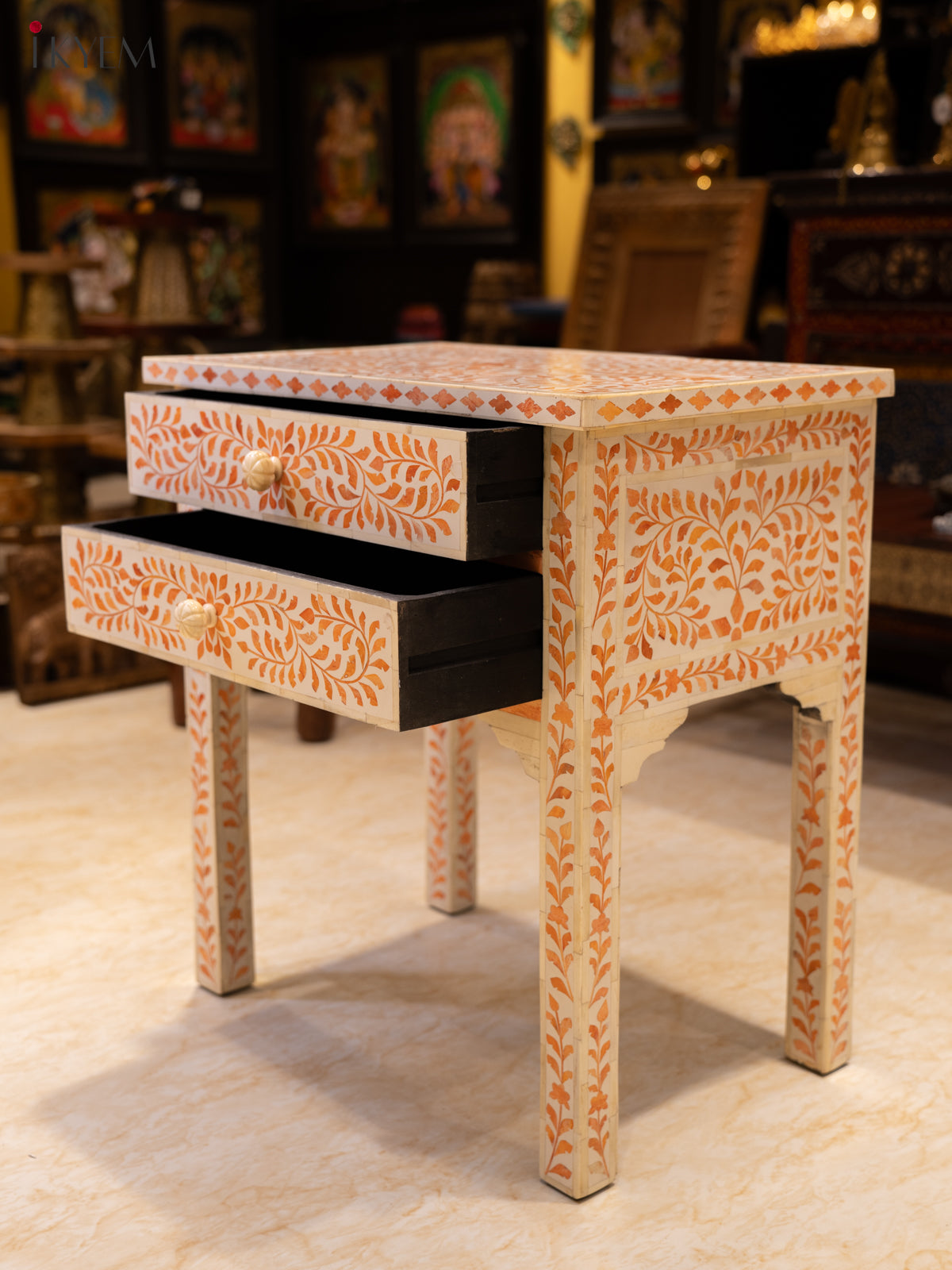 Handcrafted Wooden Sidetable With Floral Pattern