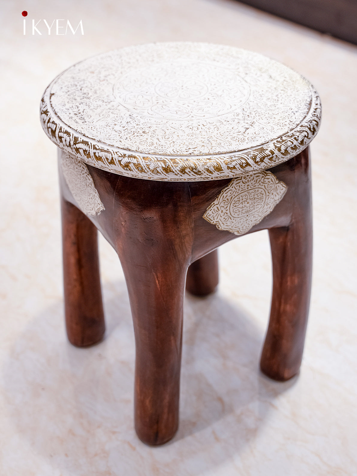 Antique Brass Inlaid Wooden Stool