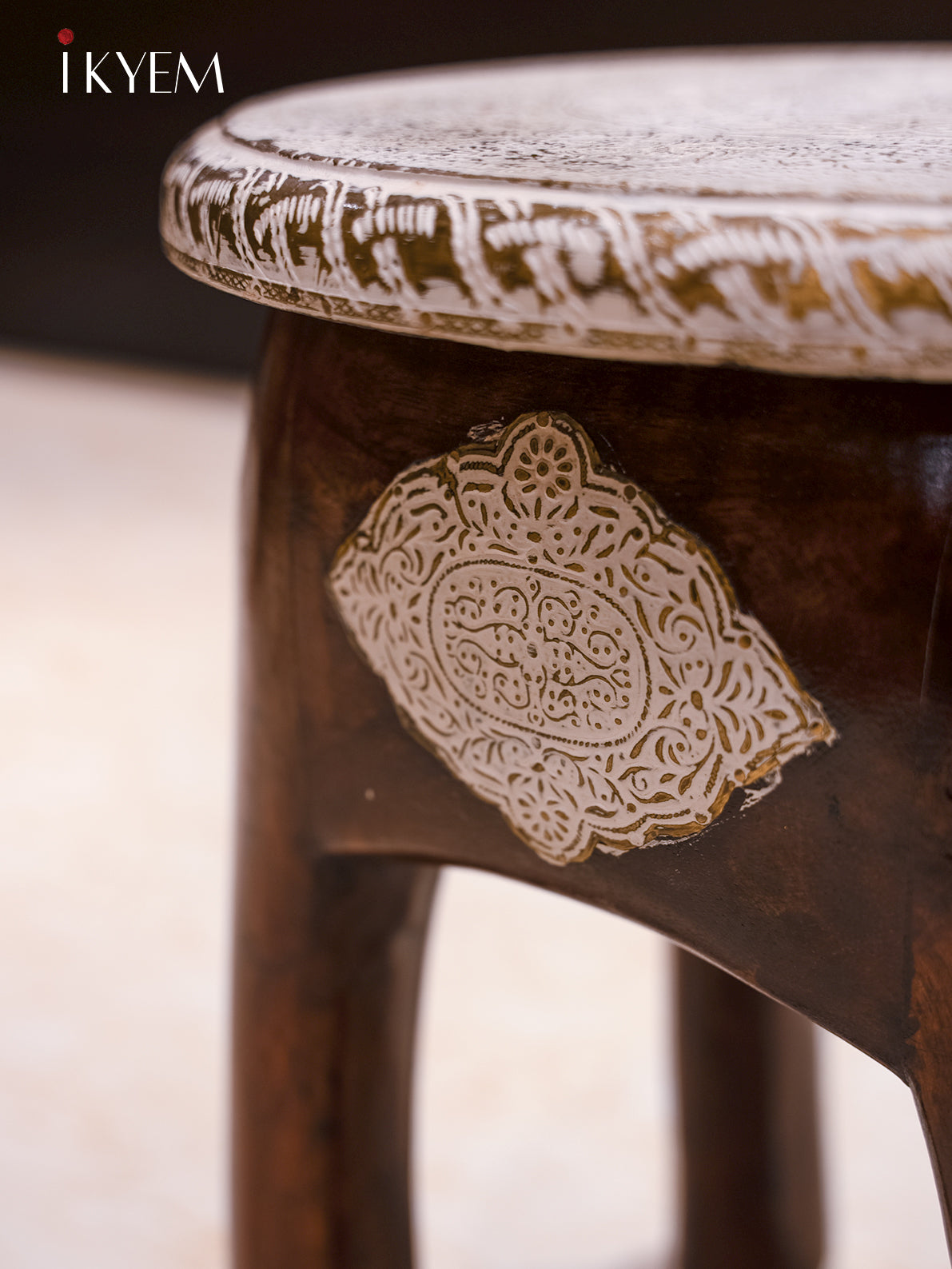 Antique Brass Inlaid Wooden Stool