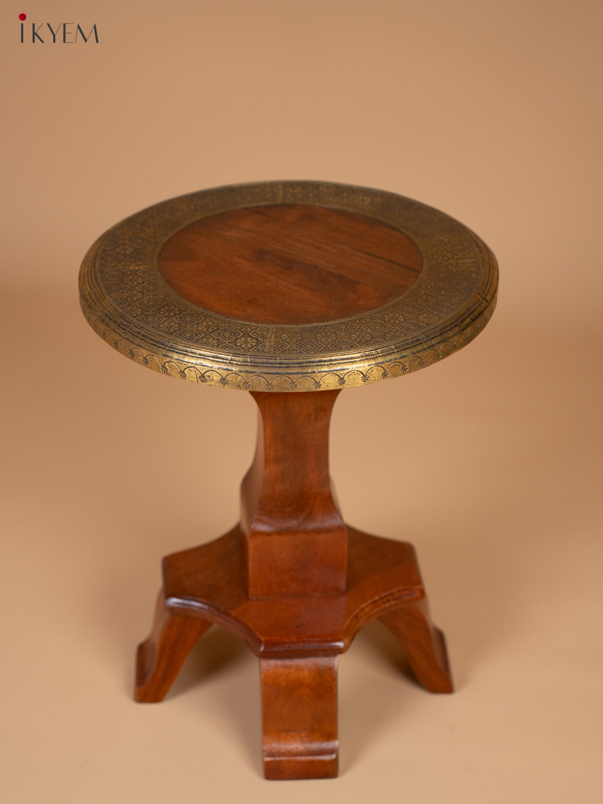 Vintage Wooden Stool With Brass Inlay