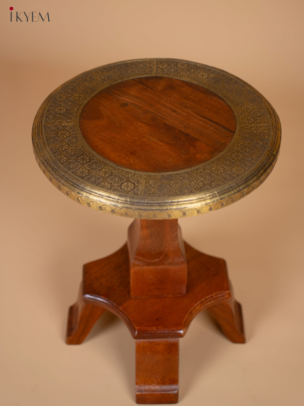 Vintage Wooden Stool With Brass Inlay