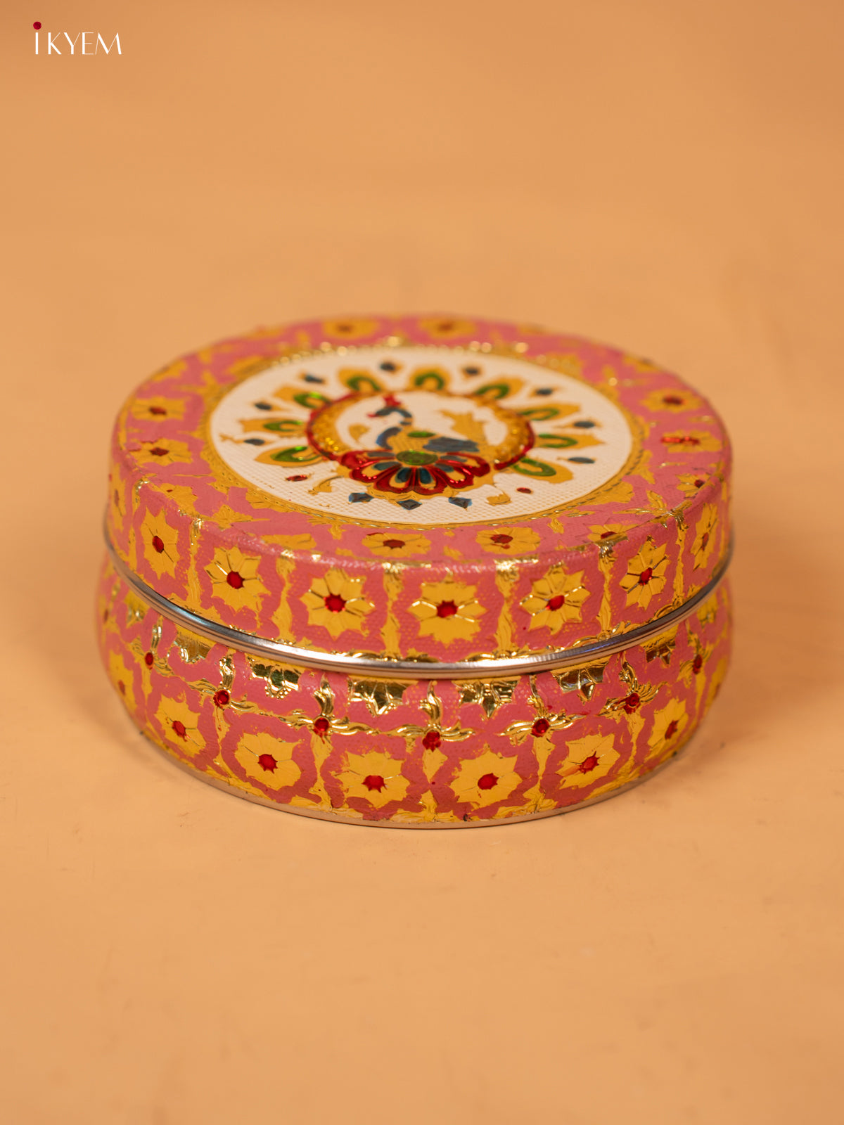 meenakari Dabba pink with pista yellow (6.2×6.2) Inch- 4JJ12038